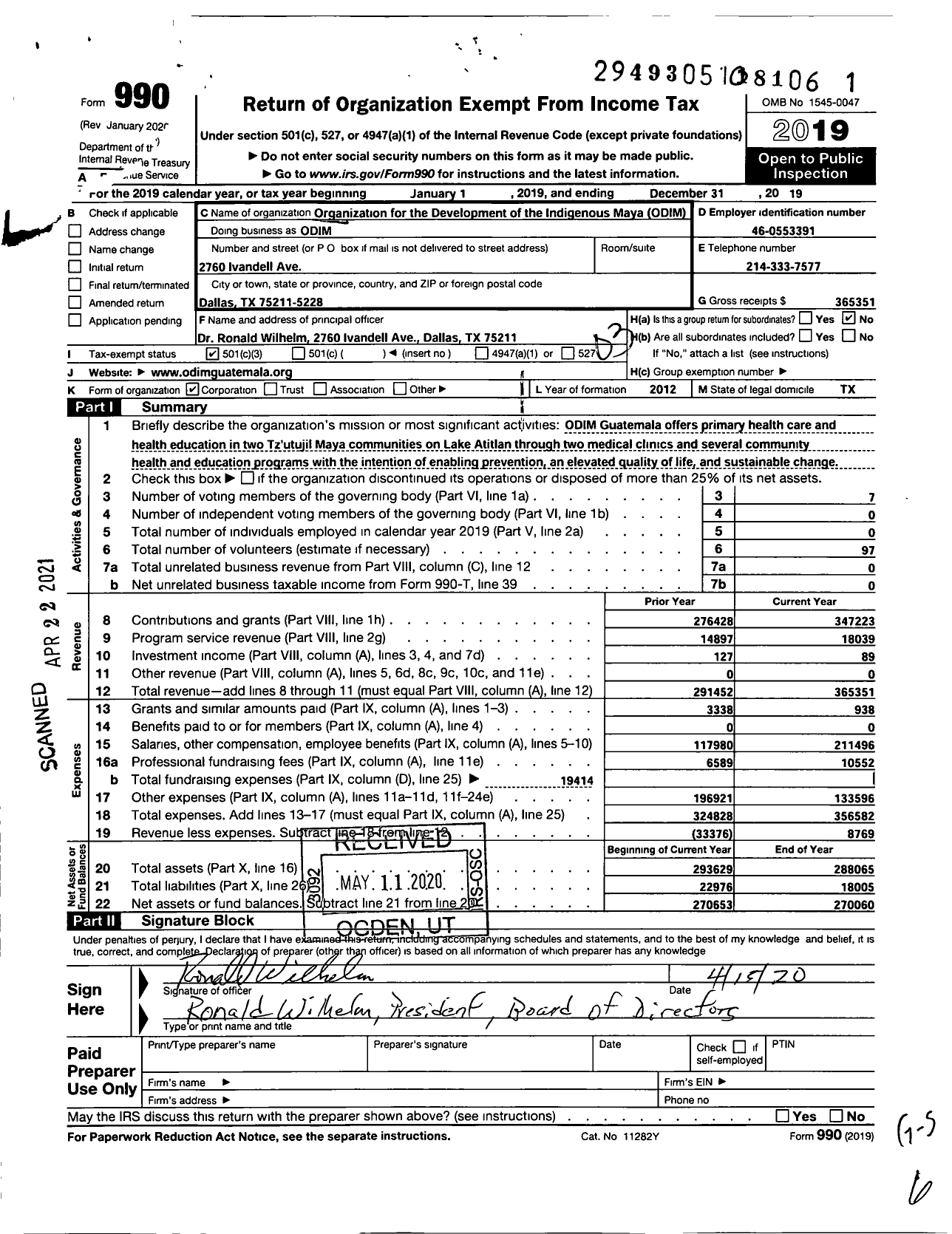 Image of first page of 2019 Form 990 for Organization for the Development of the Indigenous Maya (ODIM)