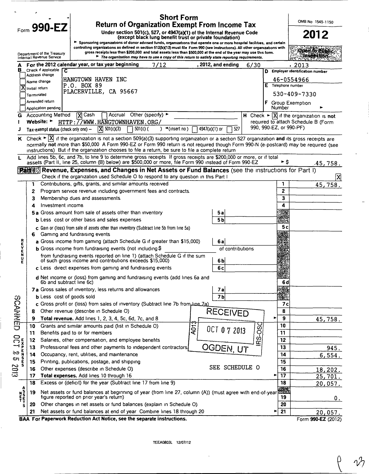 Image of first page of 2012 Form 990EZ for Housing El Dorado