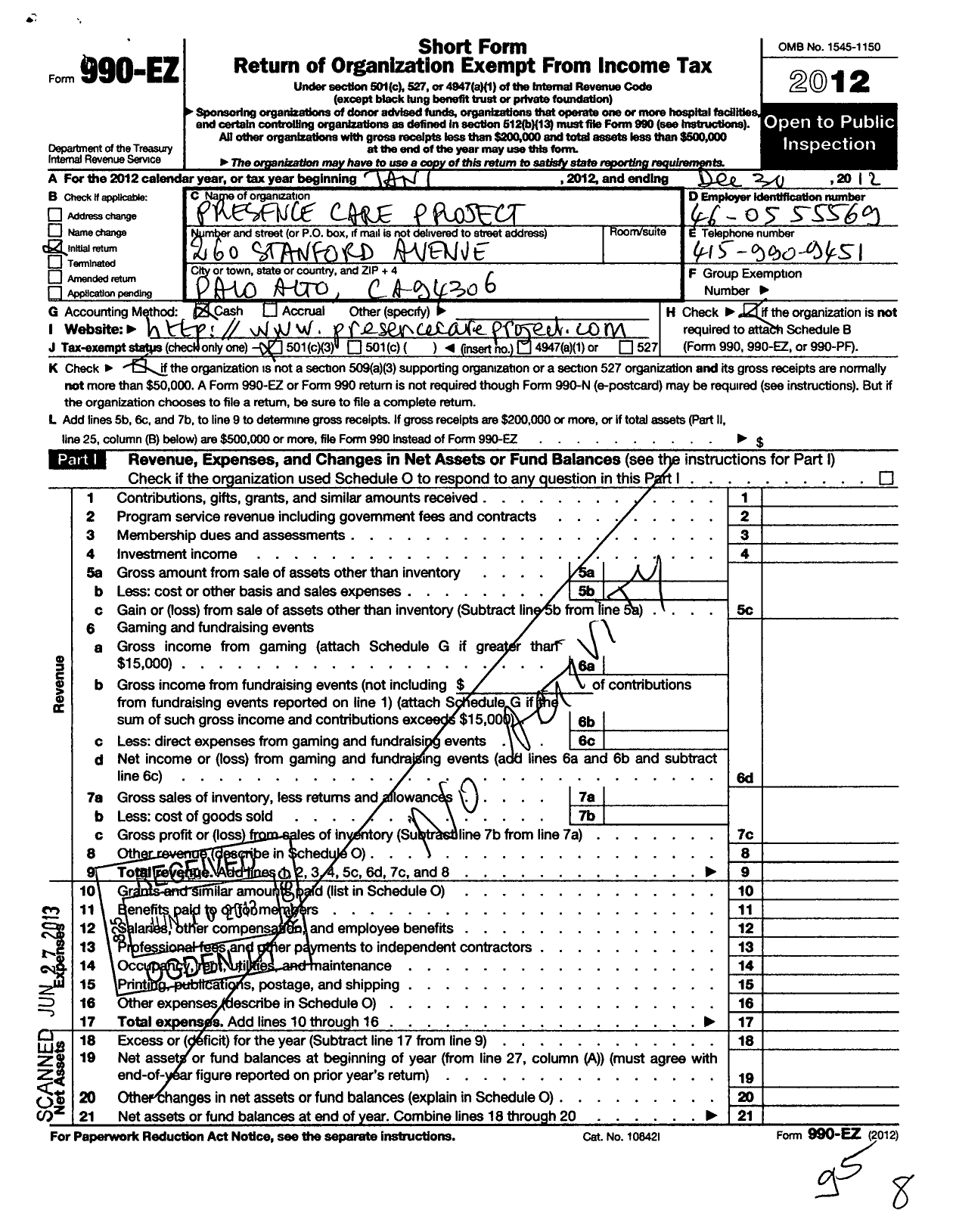 Image of first page of 2012 Form 990EZ for Presence Care Project