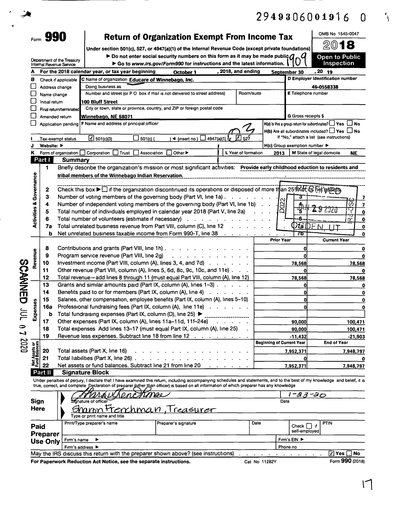 Image of first page of 2018 Form 990 for Educare of Winnebago