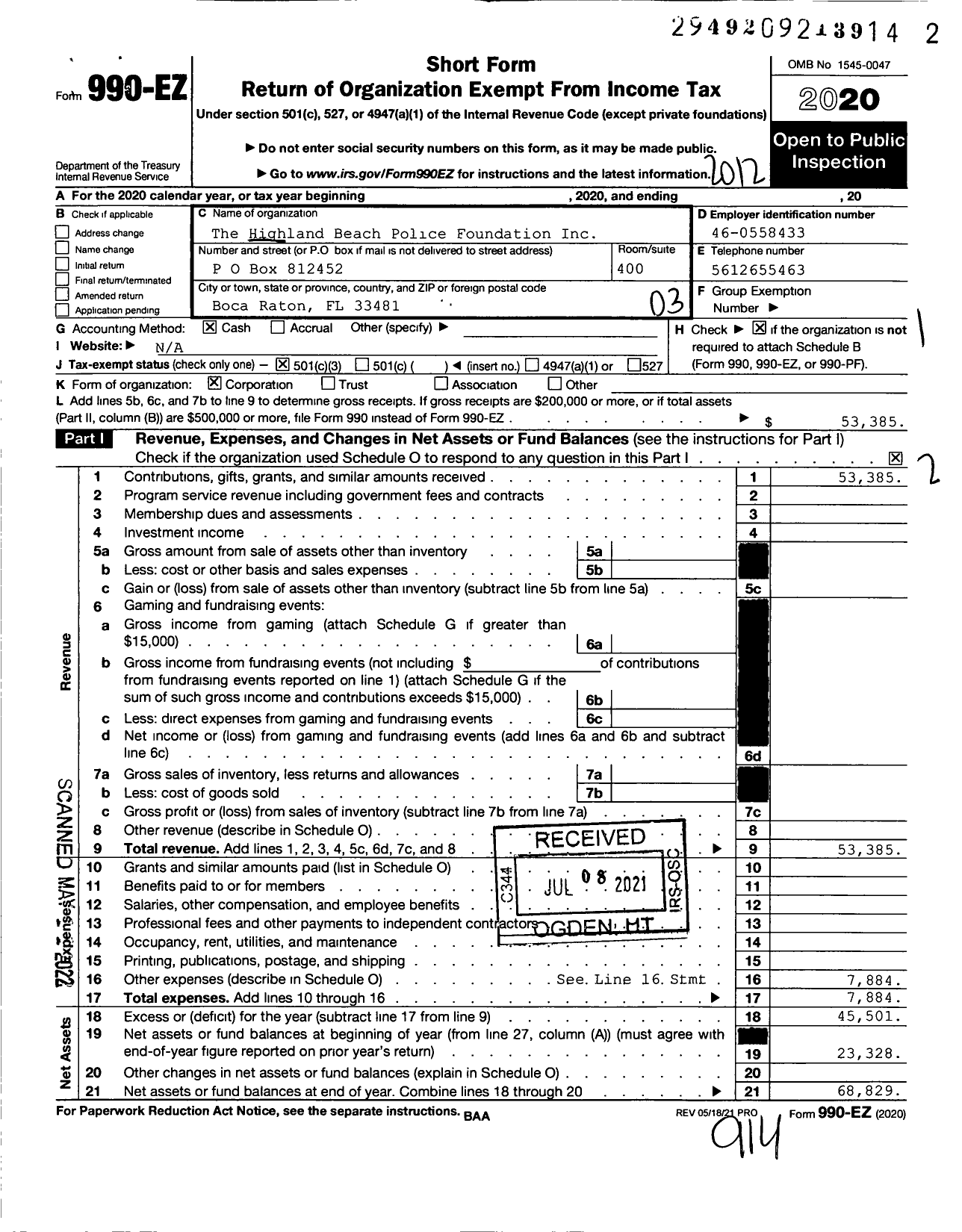 Image of first page of 2020 Form 990EZ for The Highland Beach Police and Fire Foundation