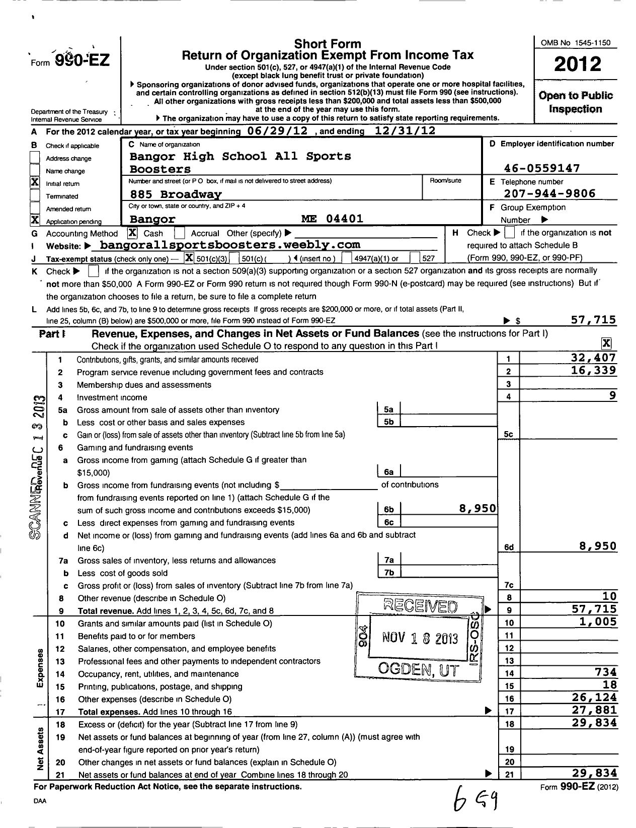 Image of first page of 2012 Form 990EZ for Bangor High School All Sports Boosters