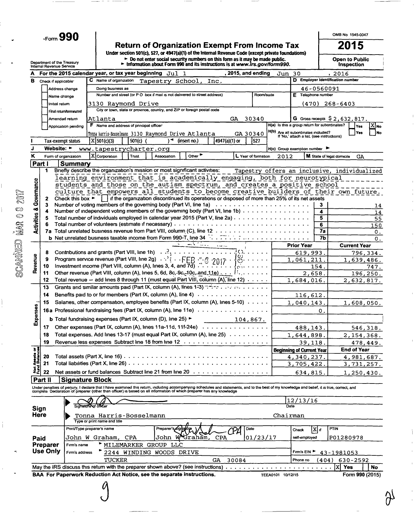 Image of first page of 2015 Form 990 for Tapestry School