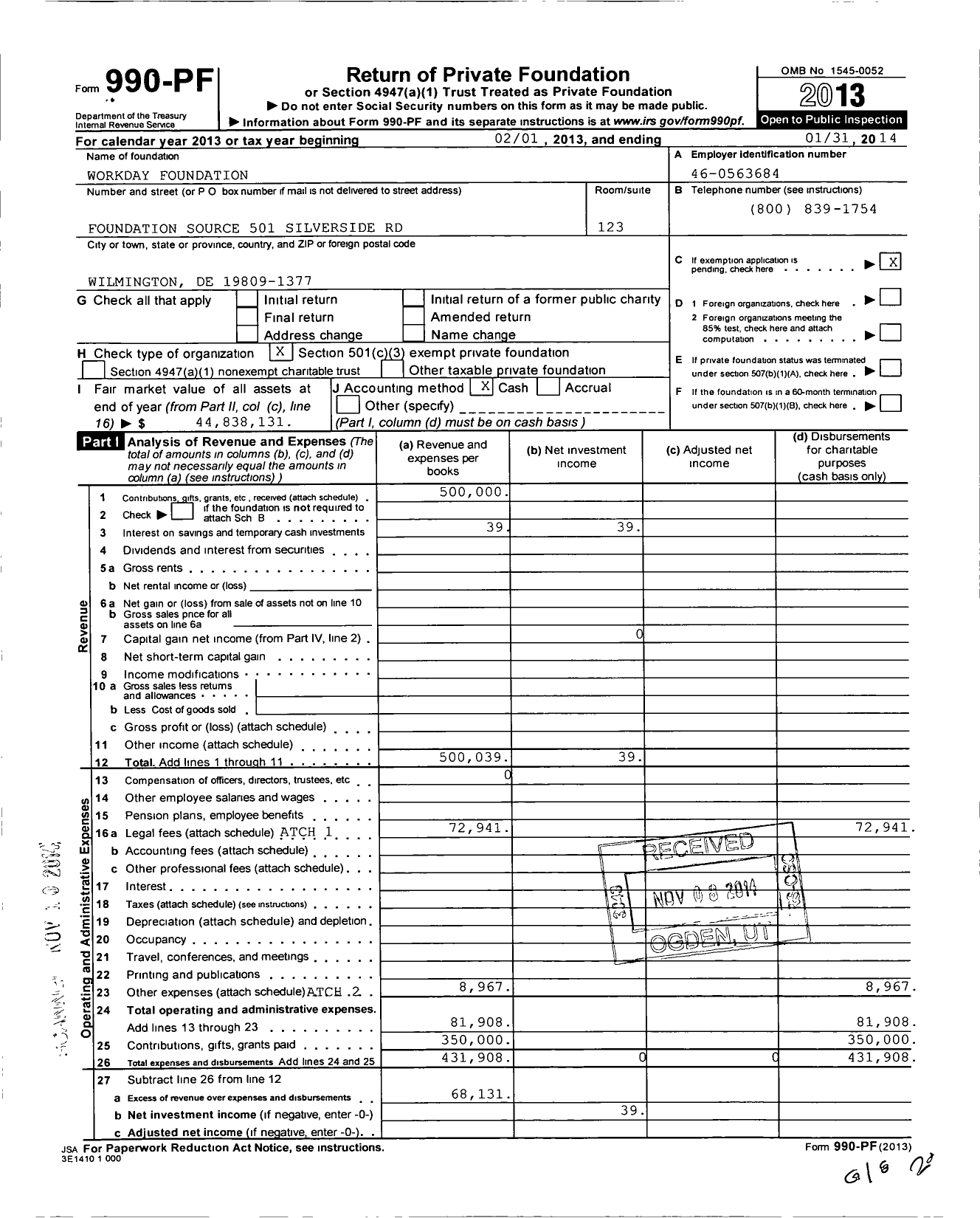 Image of first page of 2013 Form 990PF for Workday Foundation