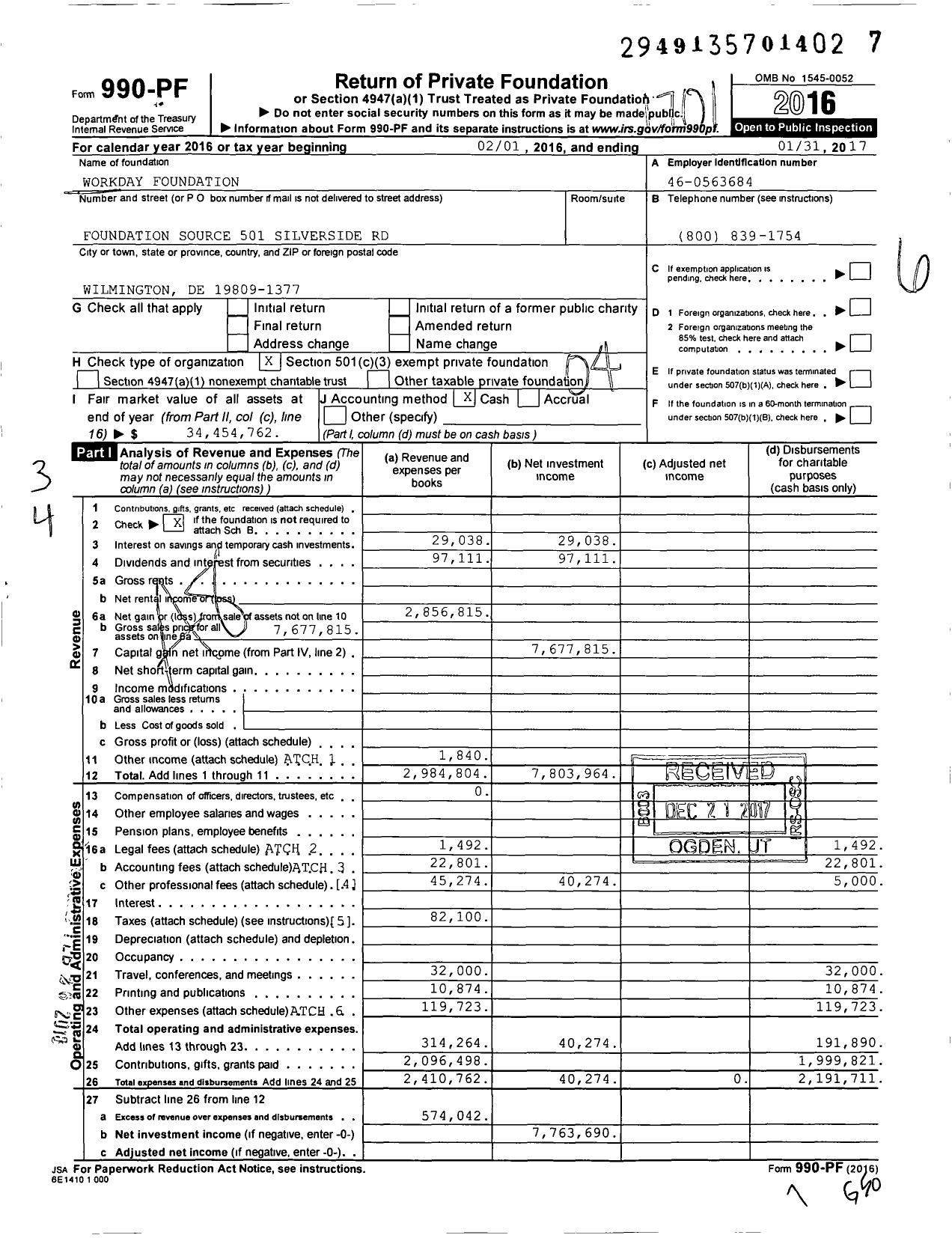 Image of first page of 2016 Form 990PF for Workday Foundation