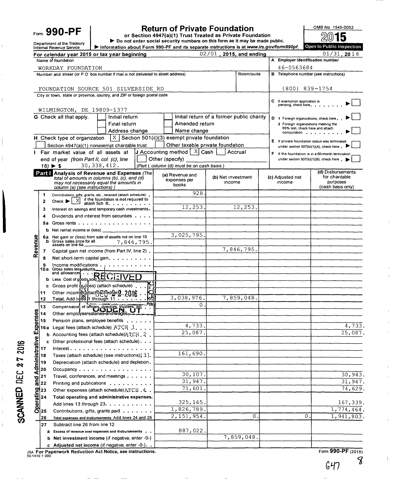 Image of first page of 2015 Form 990PF for Workday Foundation