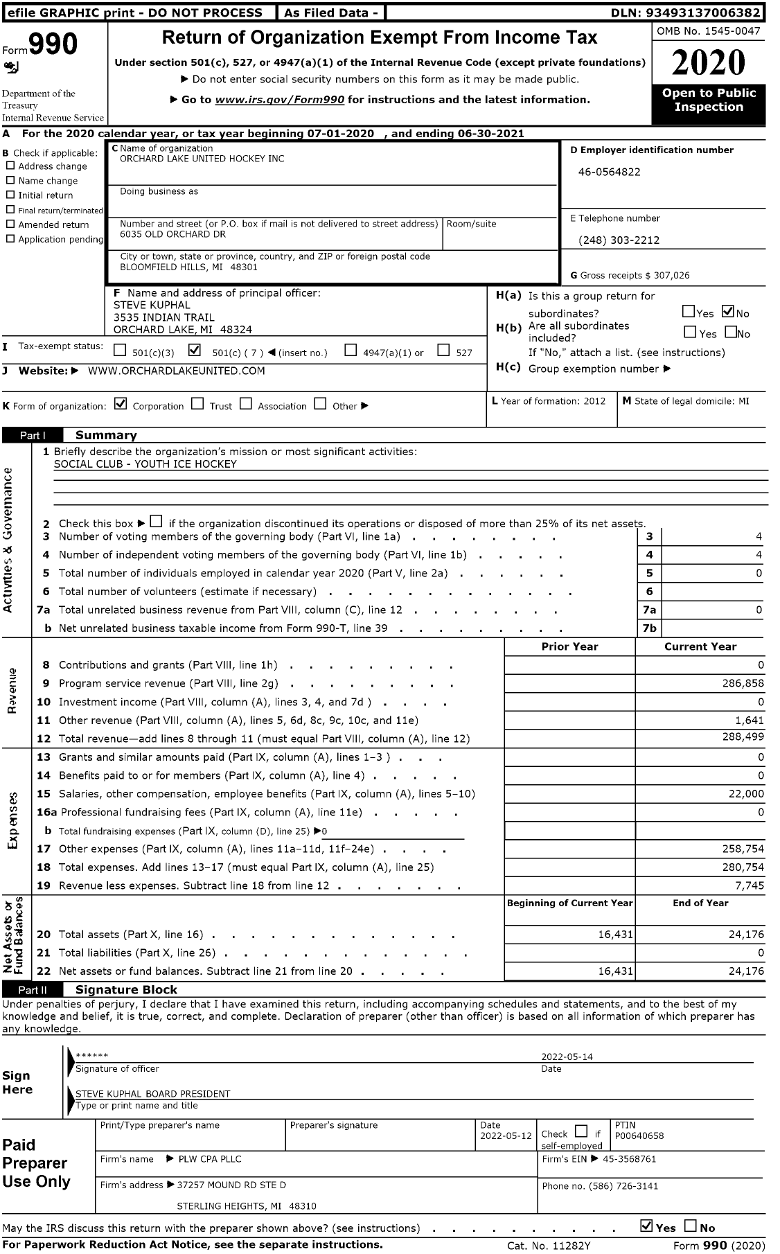 Image of first page of 2020 Form 990O for Orchard Lake United Hockey