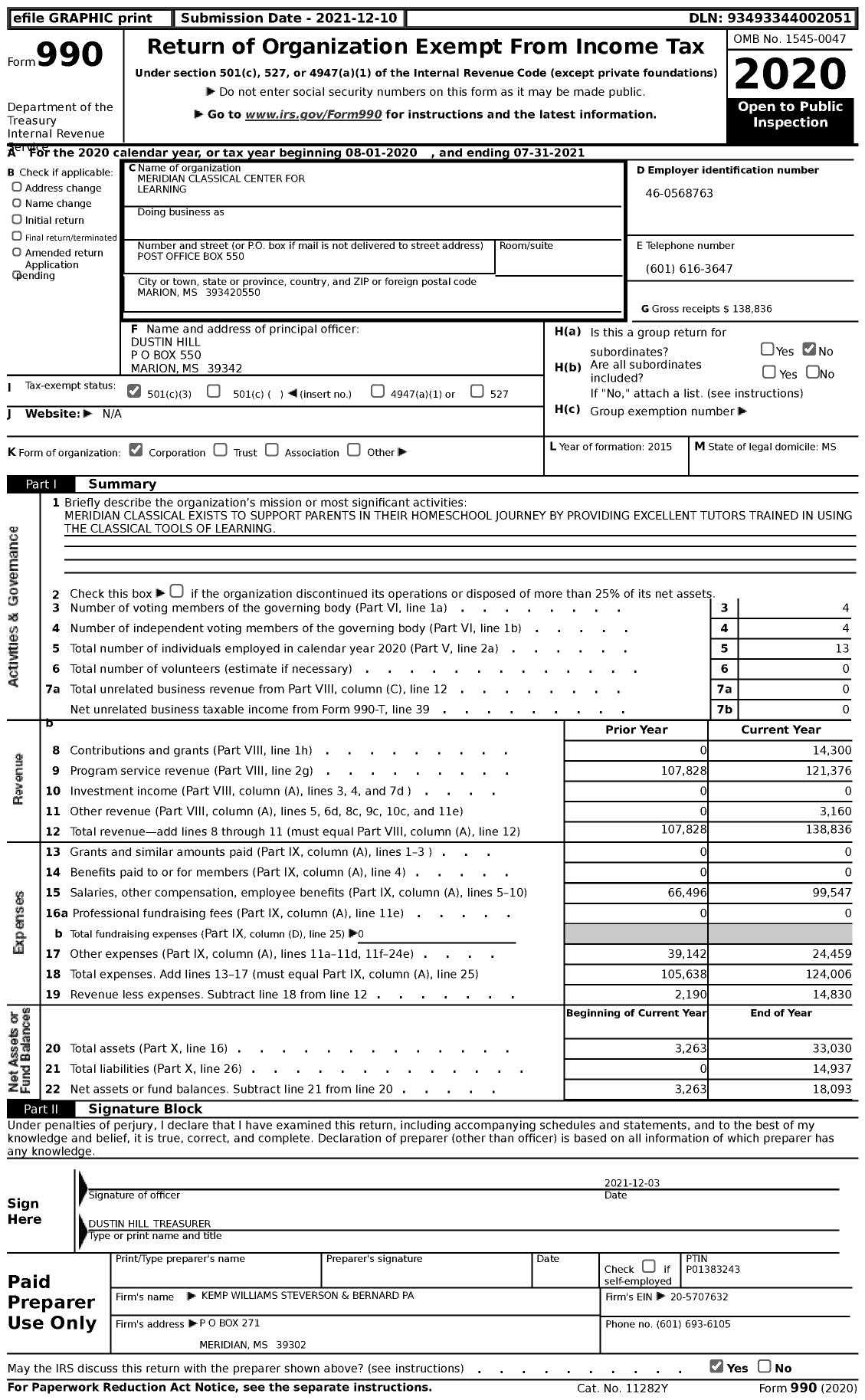 Image of first page of 2020 Form 990 for Meridian Classical Center for Learning