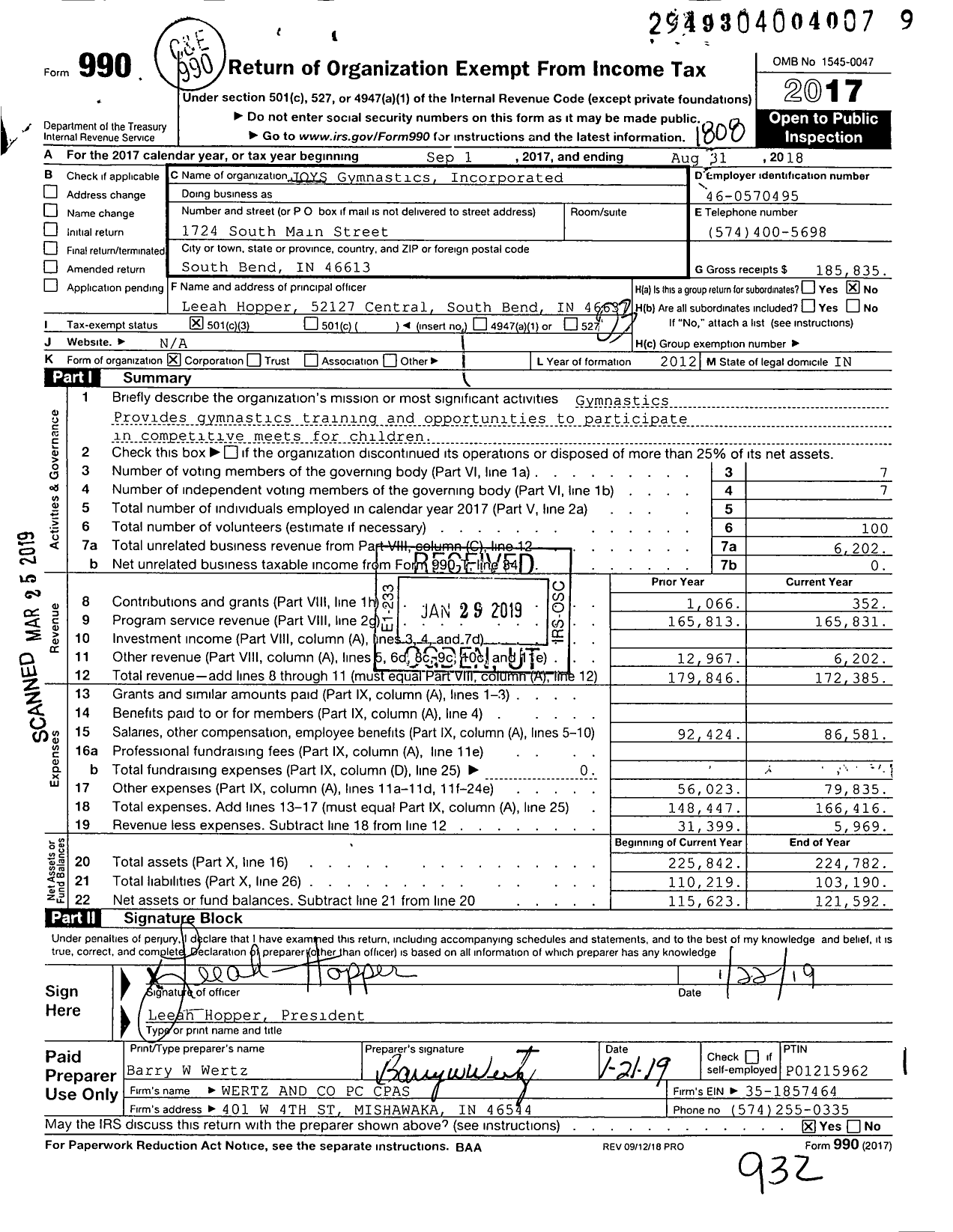 Image of first page of 2017 Form 990 for JOYS Gymnastics Incorporated