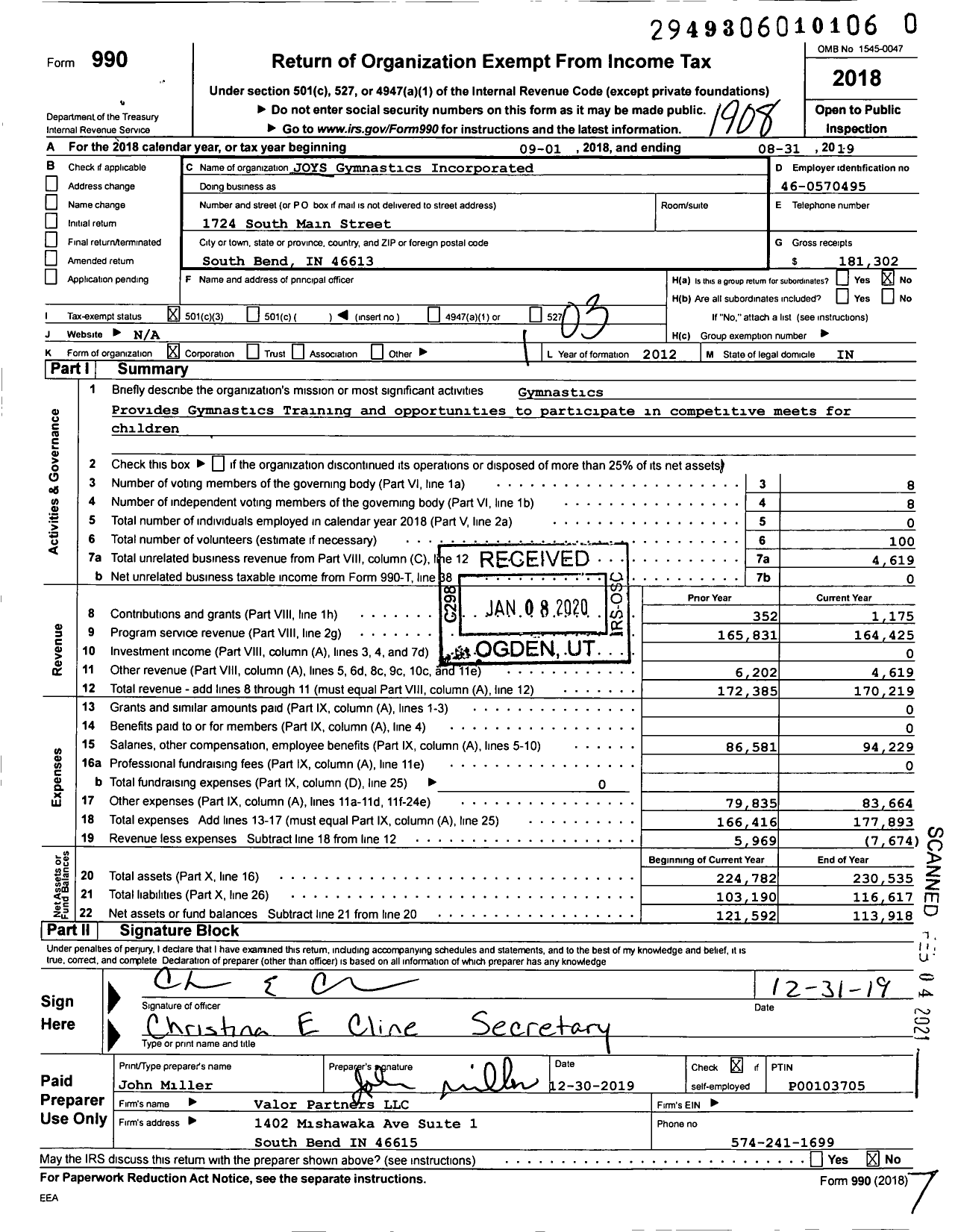 Image of first page of 2018 Form 990 for JOYS Gymnastics Incorporated