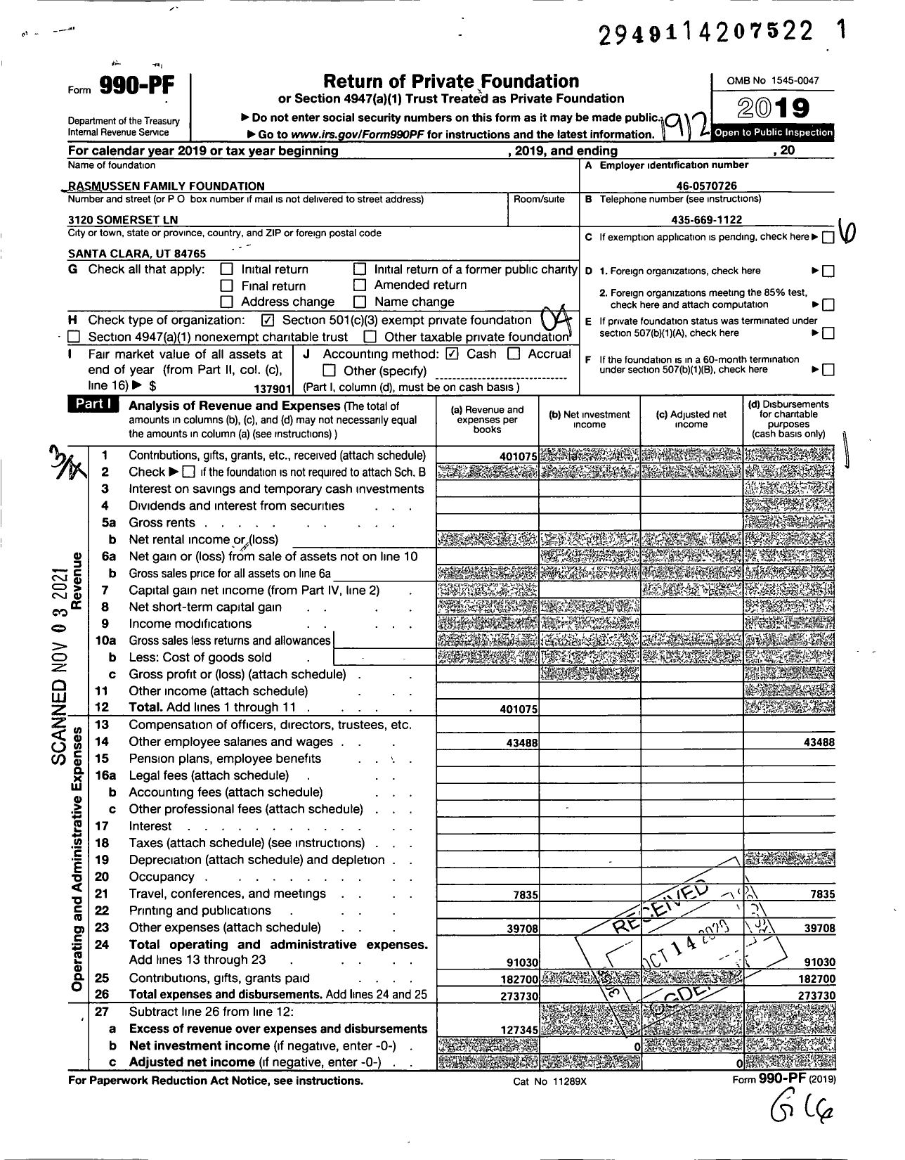 Image of first page of 2019 Form 990PF for Rasmussen Family Foundation