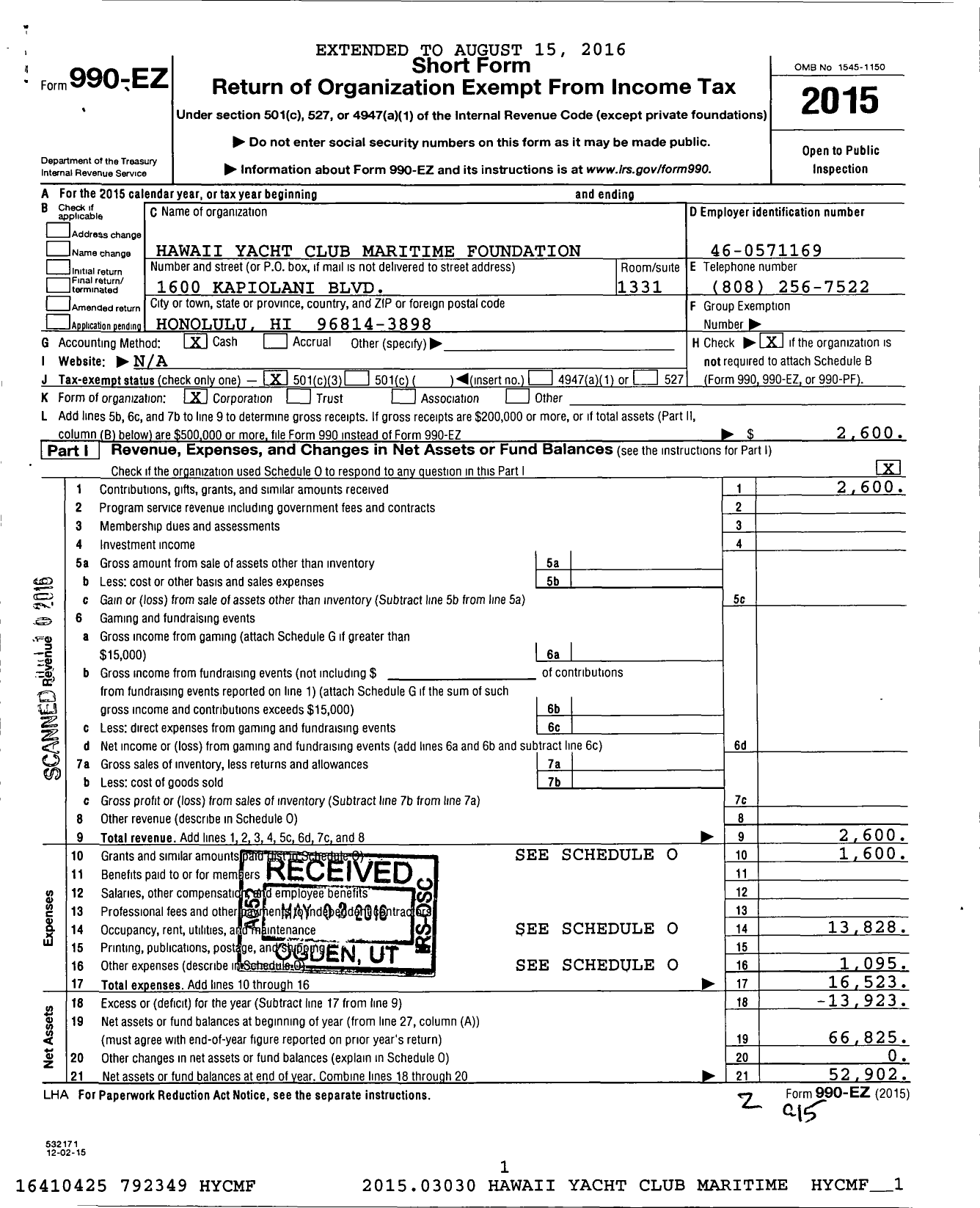 Image of first page of 2015 Form 990EZ for Hawaii Yacht Club Maritime Foundation