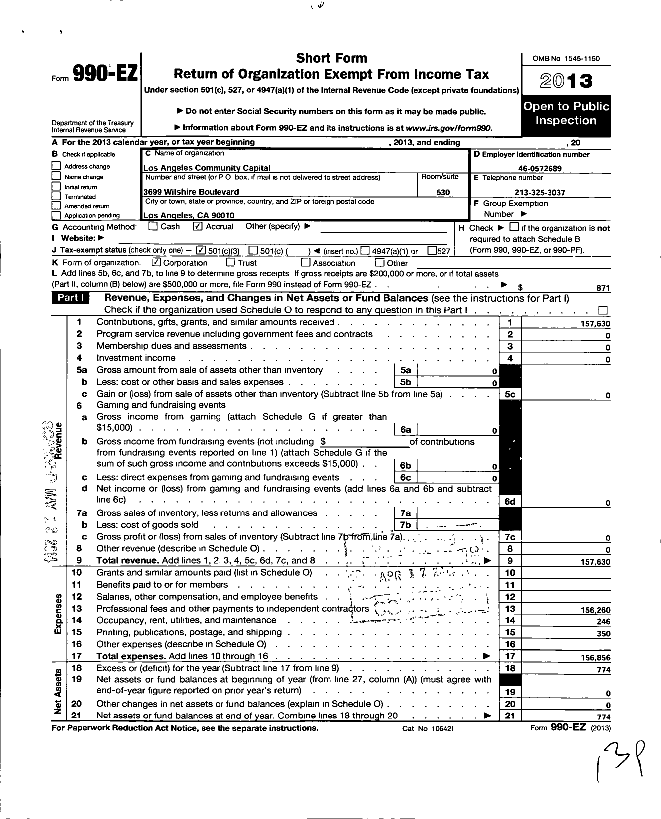 Image of first page of 2013 Form 990EZ for Los Angeles Community Capital