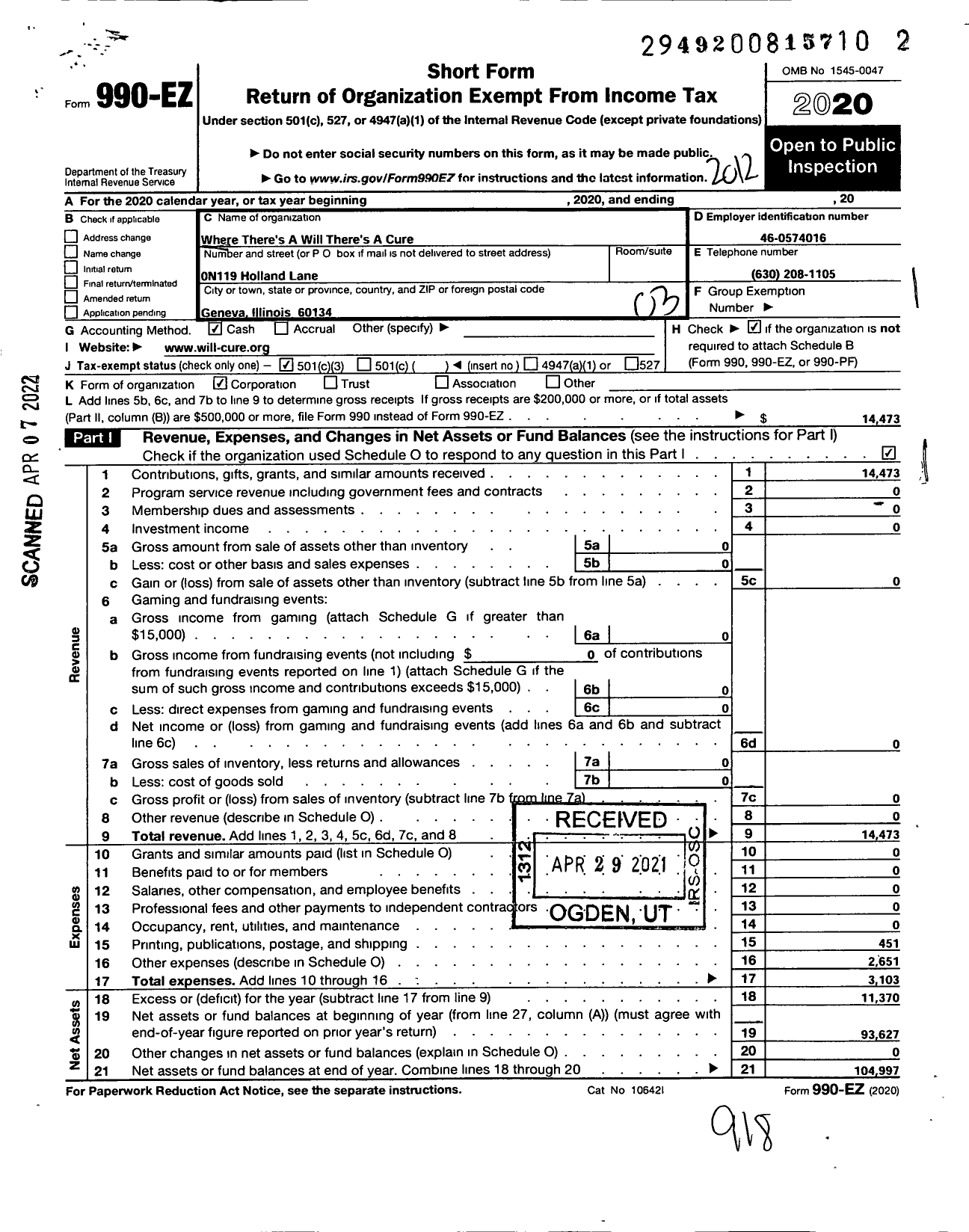 Image of first page of 2020 Form 990EZ for Where Theres A Will Theres A Cure