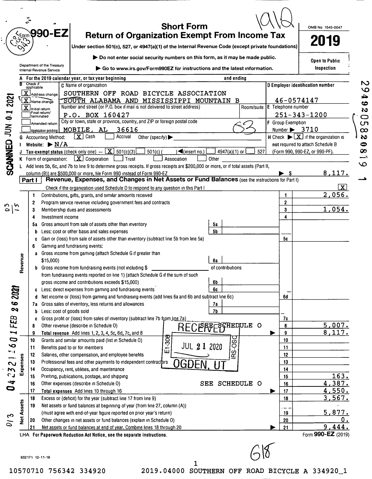 Image of first page of 2019 Form 990EZ for Southern Off Road Bicycle Association South Alabama and Mississippi Mountain B