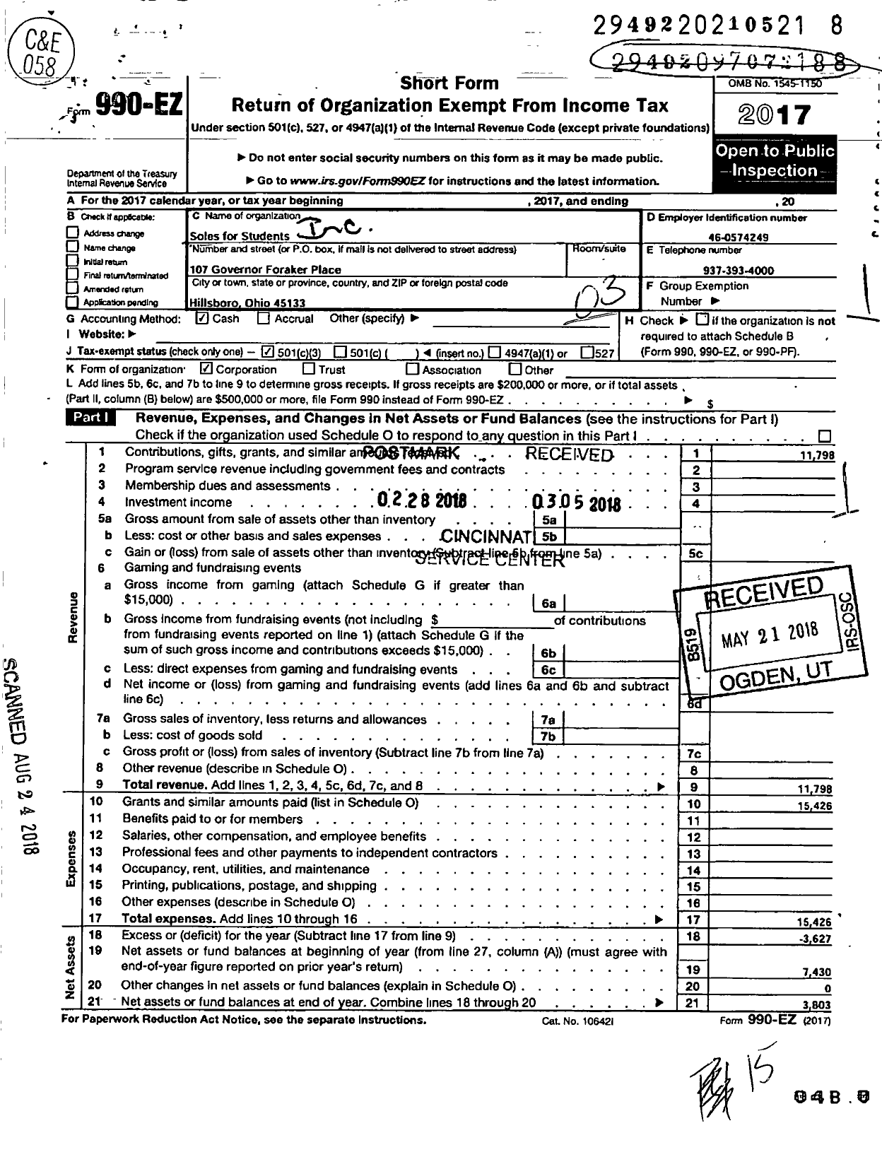 Image of first page of 2017 Form 990EZ for Soles for Students