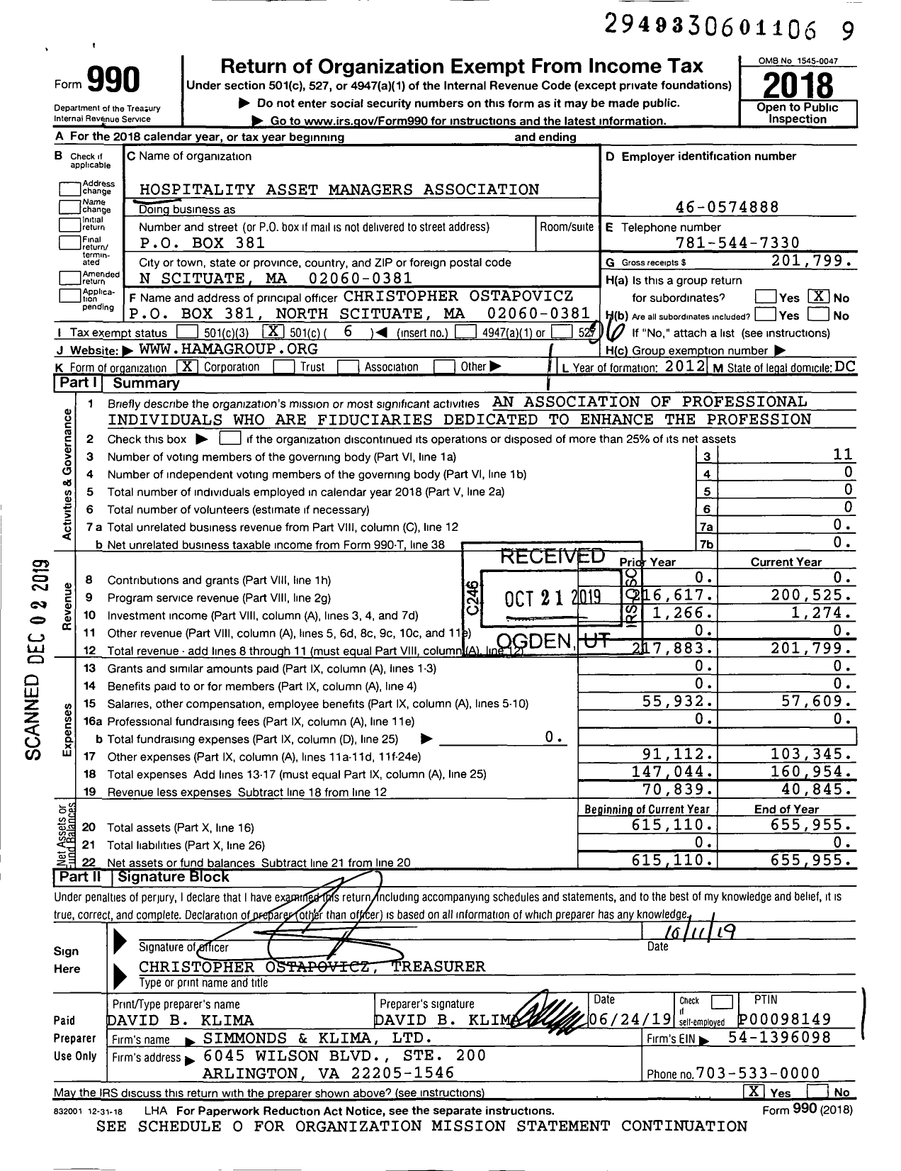 Image of first page of 2018 Form 990O for Hospitality Asset Managers Association