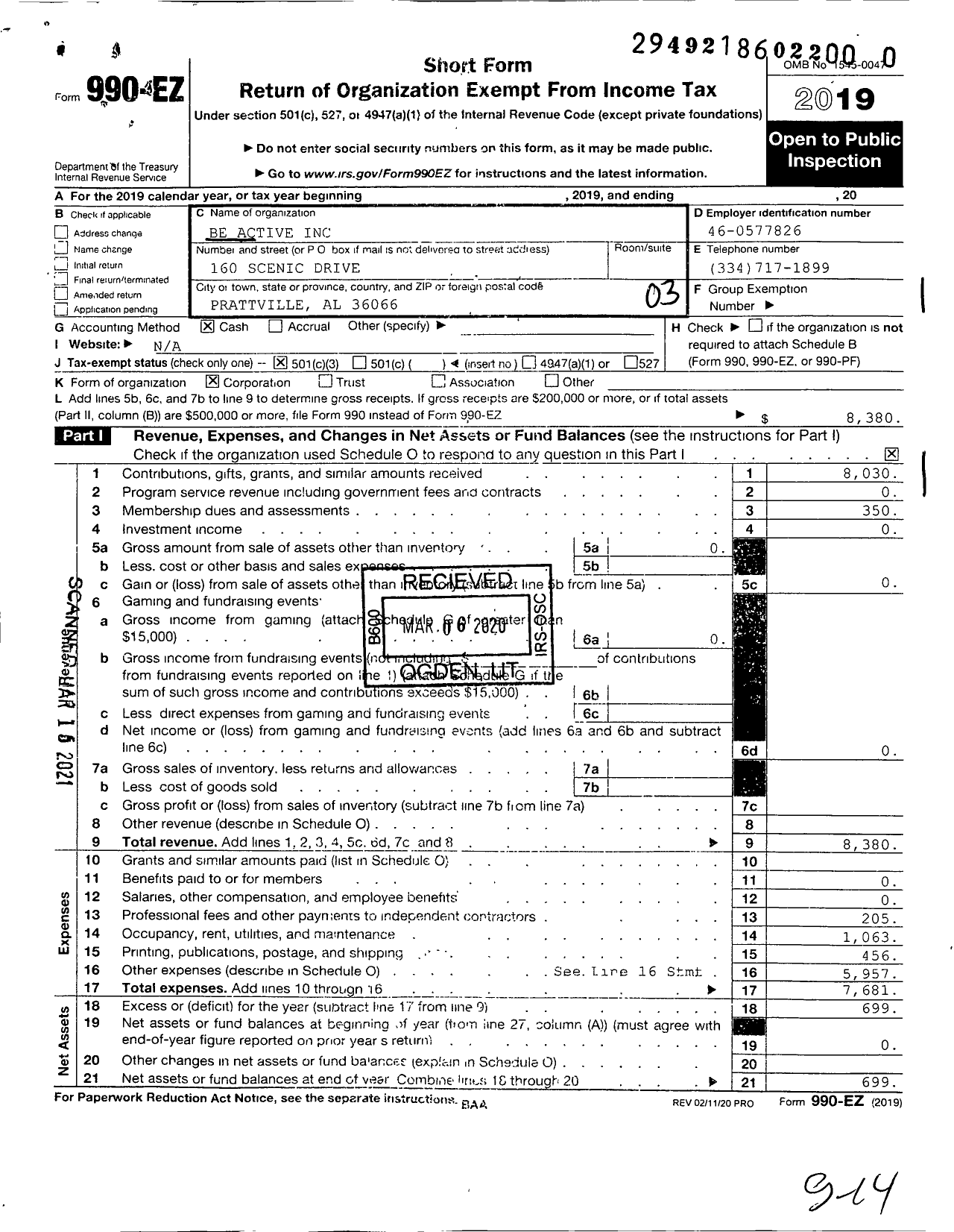 Image of first page of 2019 Form 990EZ for Be Active