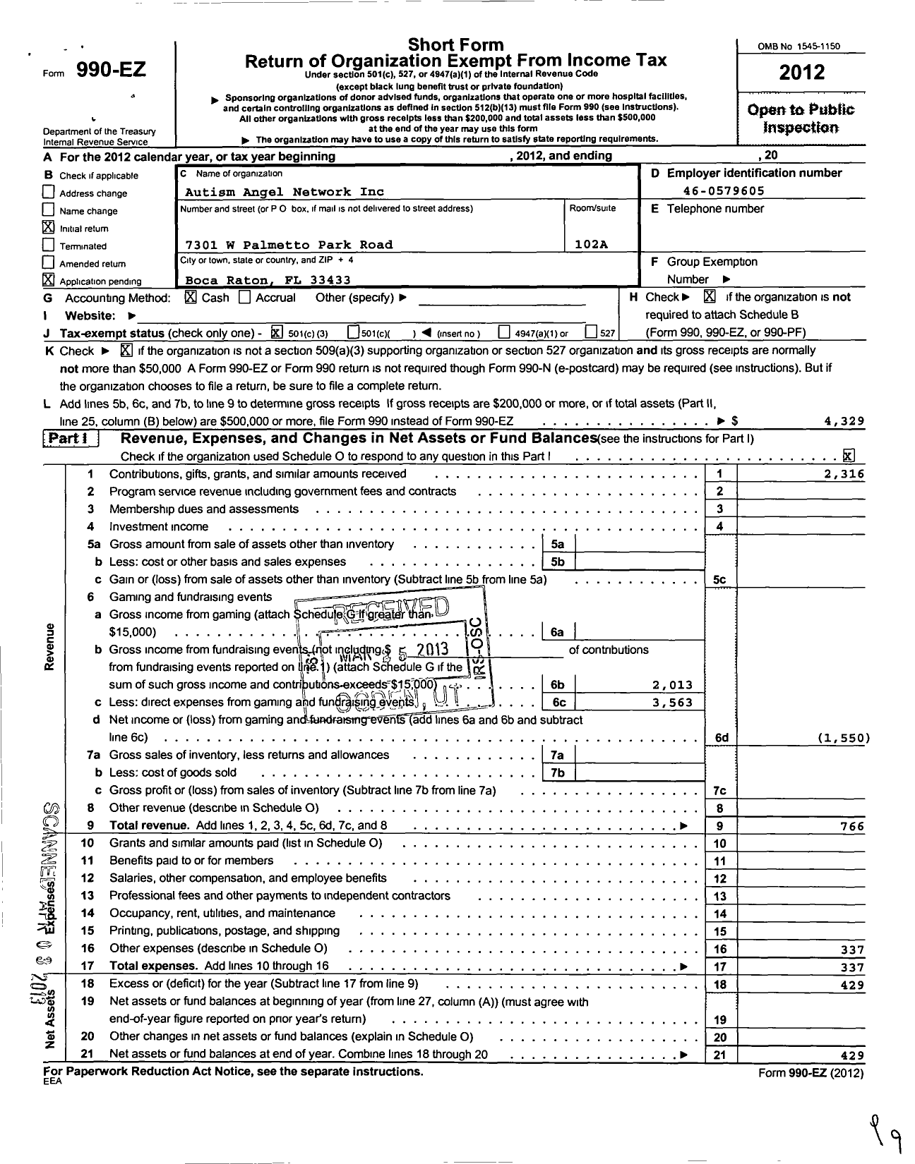 Image of first page of 2012 Form 990EZ for Autism Angel Network