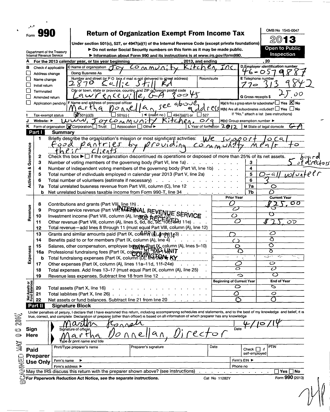 Image of first page of 2013 Form 990 for Joy Community Kitchen