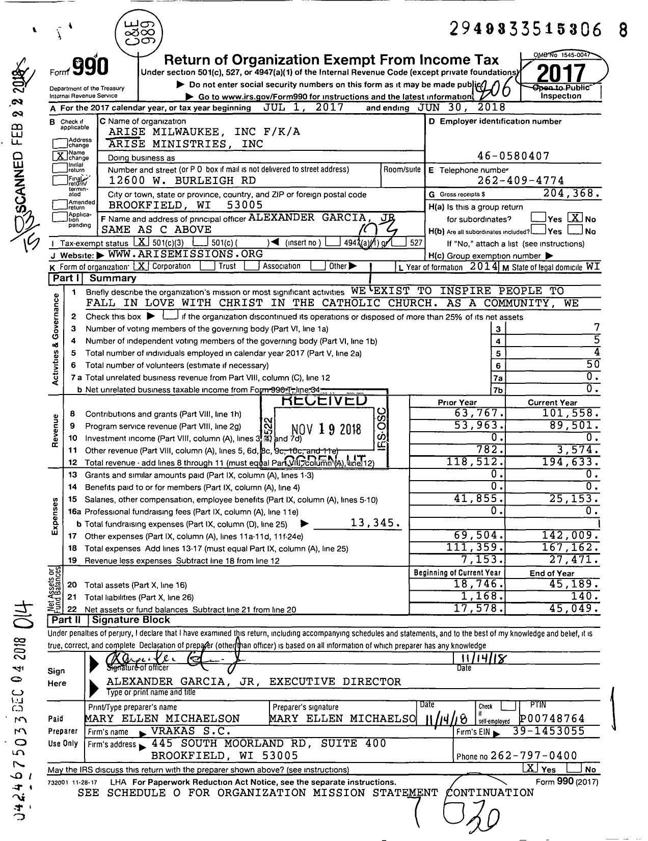 Image of first page of 2017 Form 990 for Arise Milwaukee