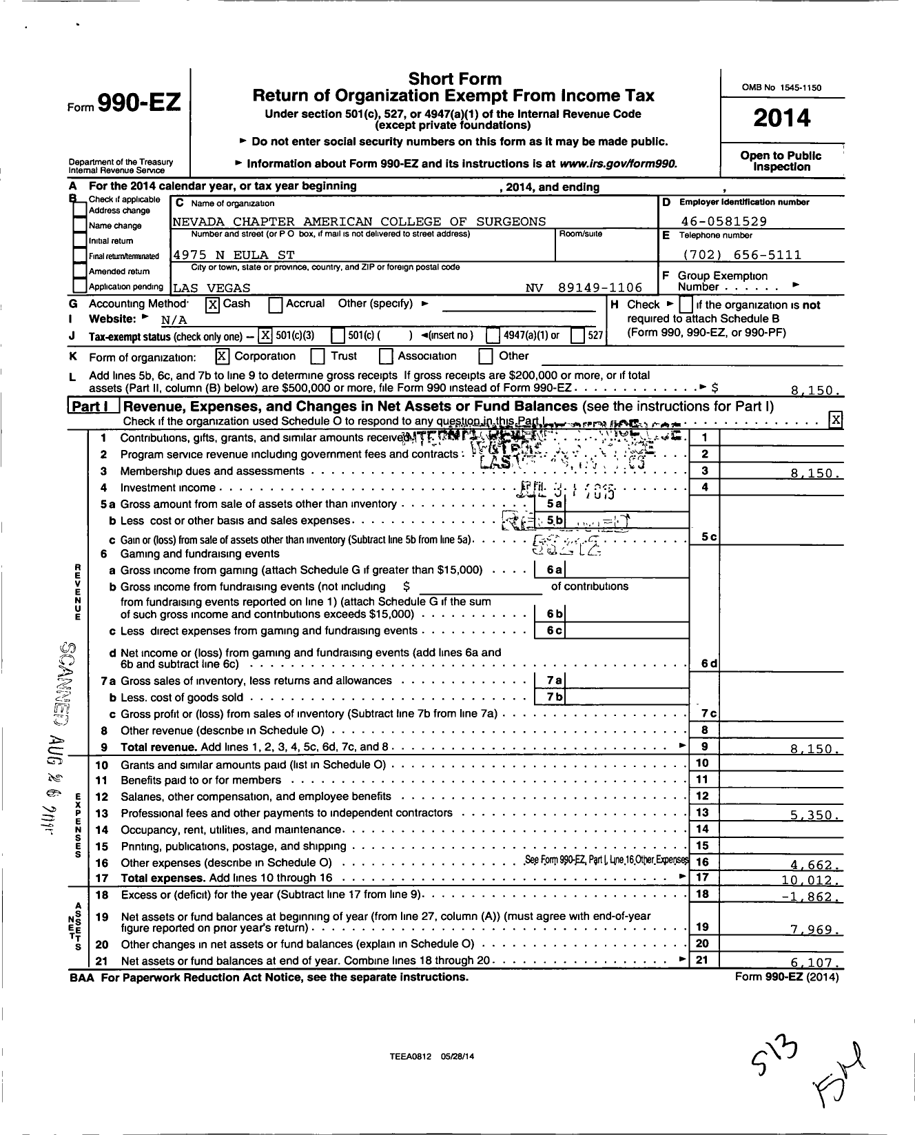 Image of first page of 2014 Form 990EZ for Nevada Chapter American College of Surgeons