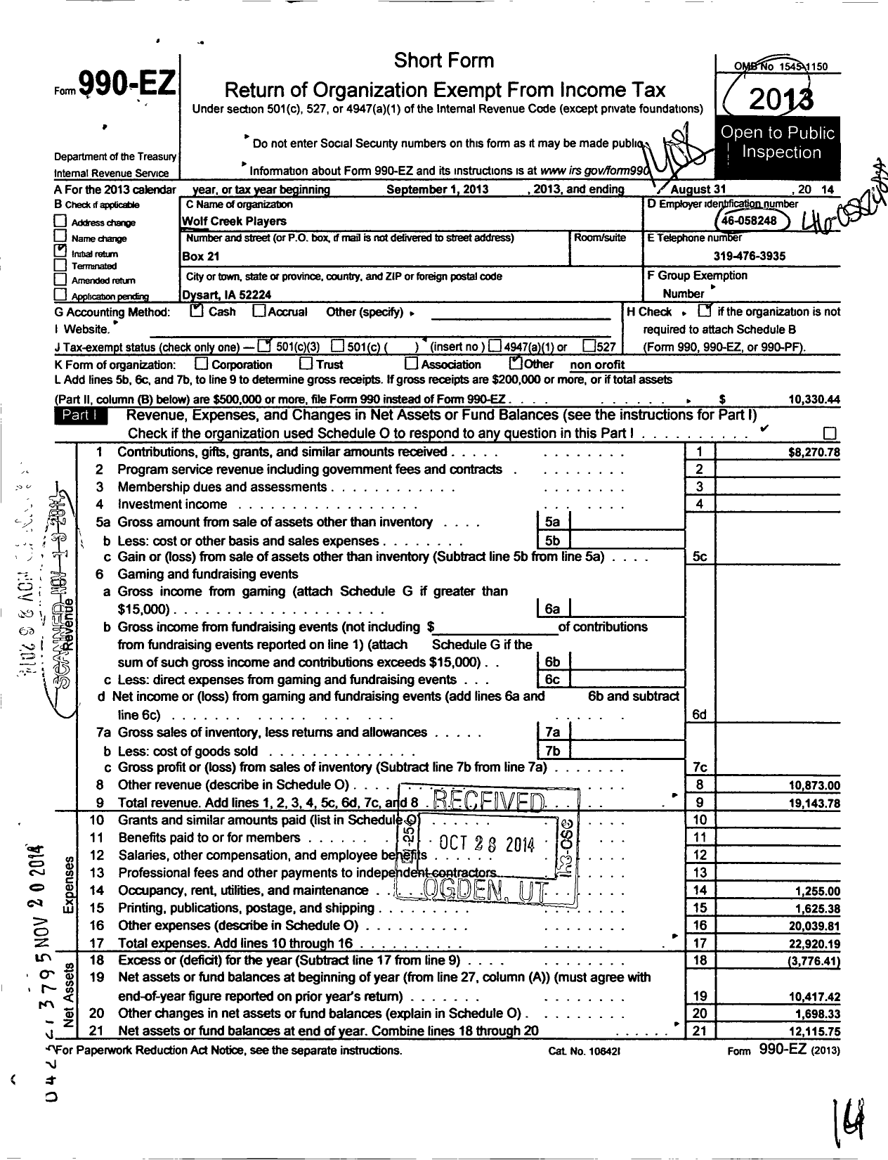 Image of first page of 2013 Form 990EZ for Wolf Creek Players