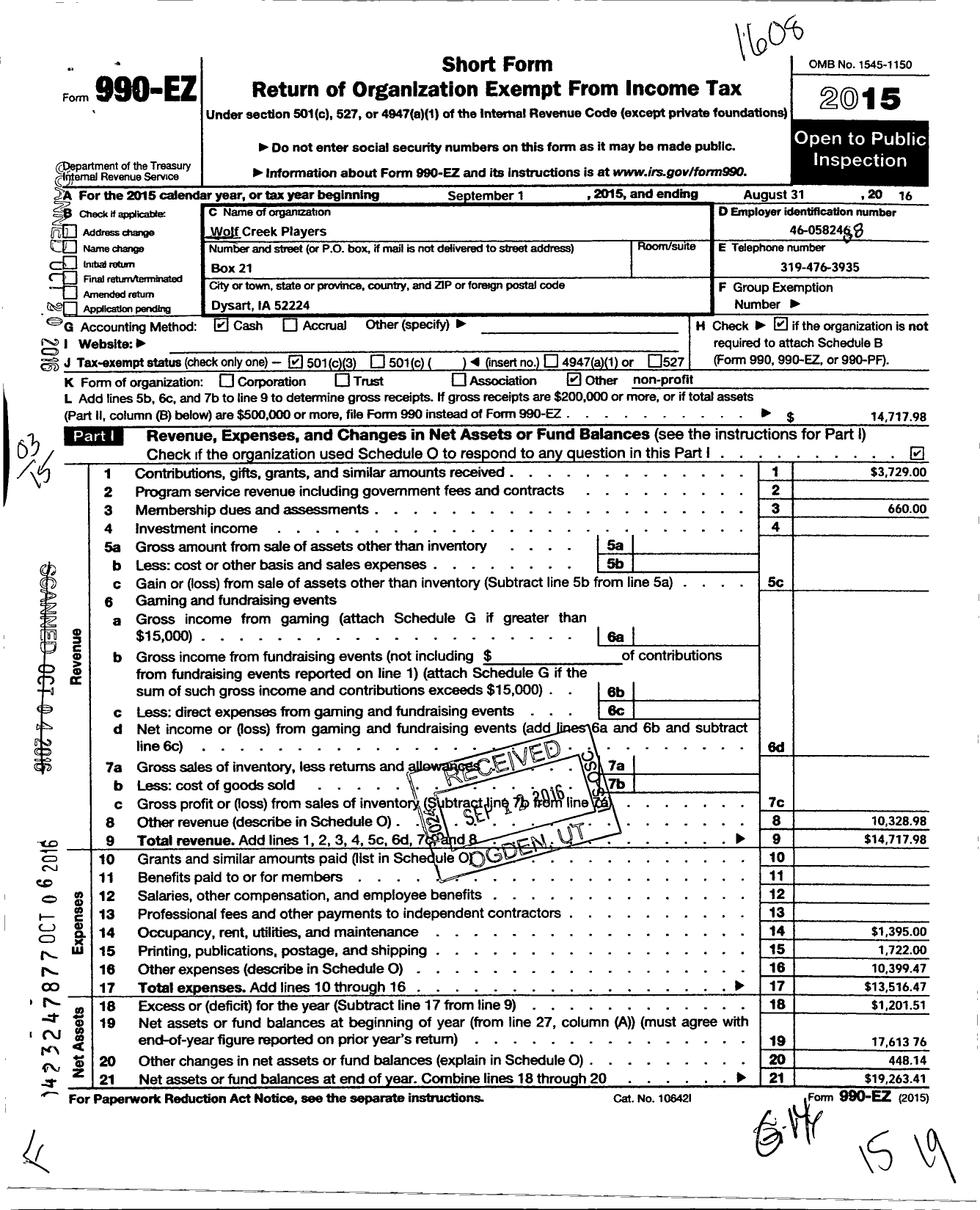 Image of first page of 2015 Form 990EZ for Wolf Creek Players