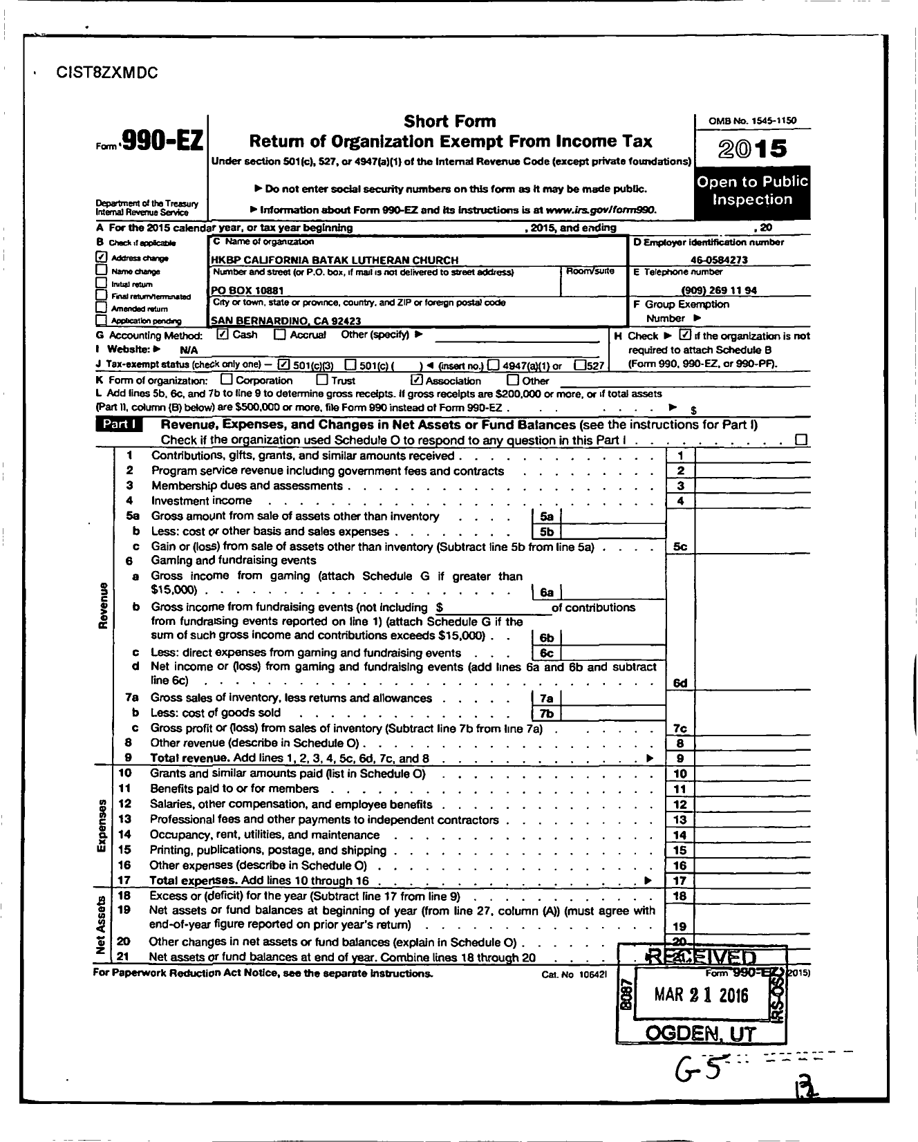 Image of first page of 2015 Form 990EZ for HKBP California Batak Lutheran Church