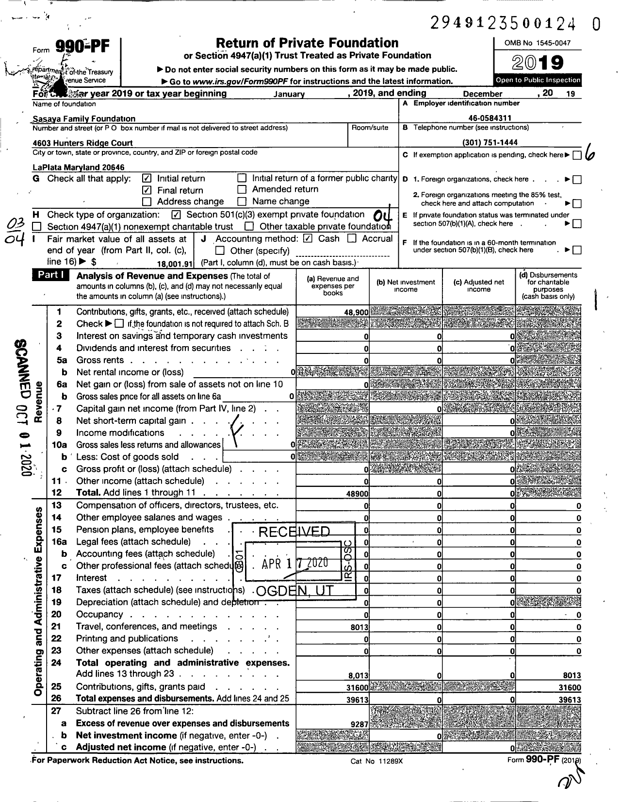 Image of first page of 2019 Form 990PR for Sasaya Family Foundation