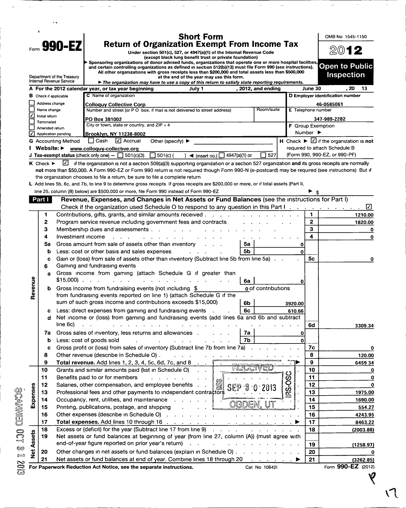 Image of first page of 2012 Form 990EO for Colloquy Collective Corporation