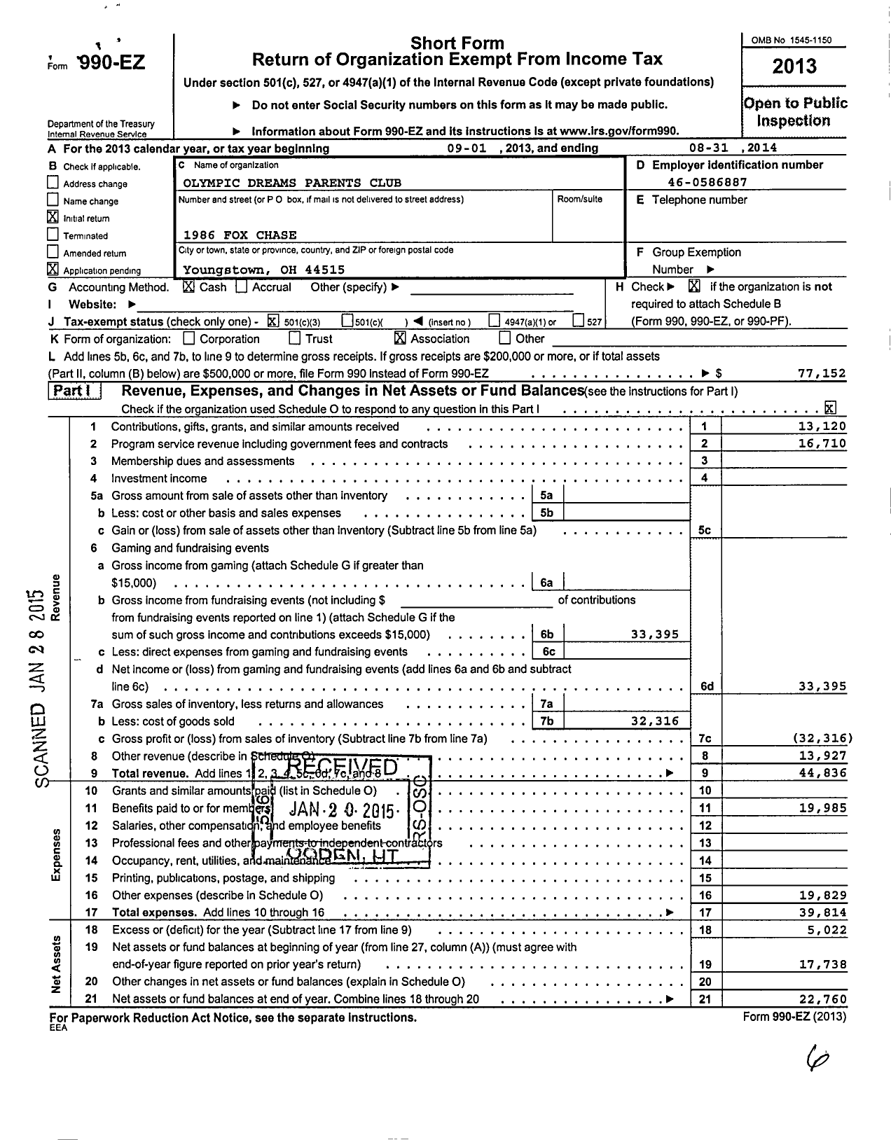 Image of first page of 2013 Form 990EZ for Olympic Dreams Parents Club