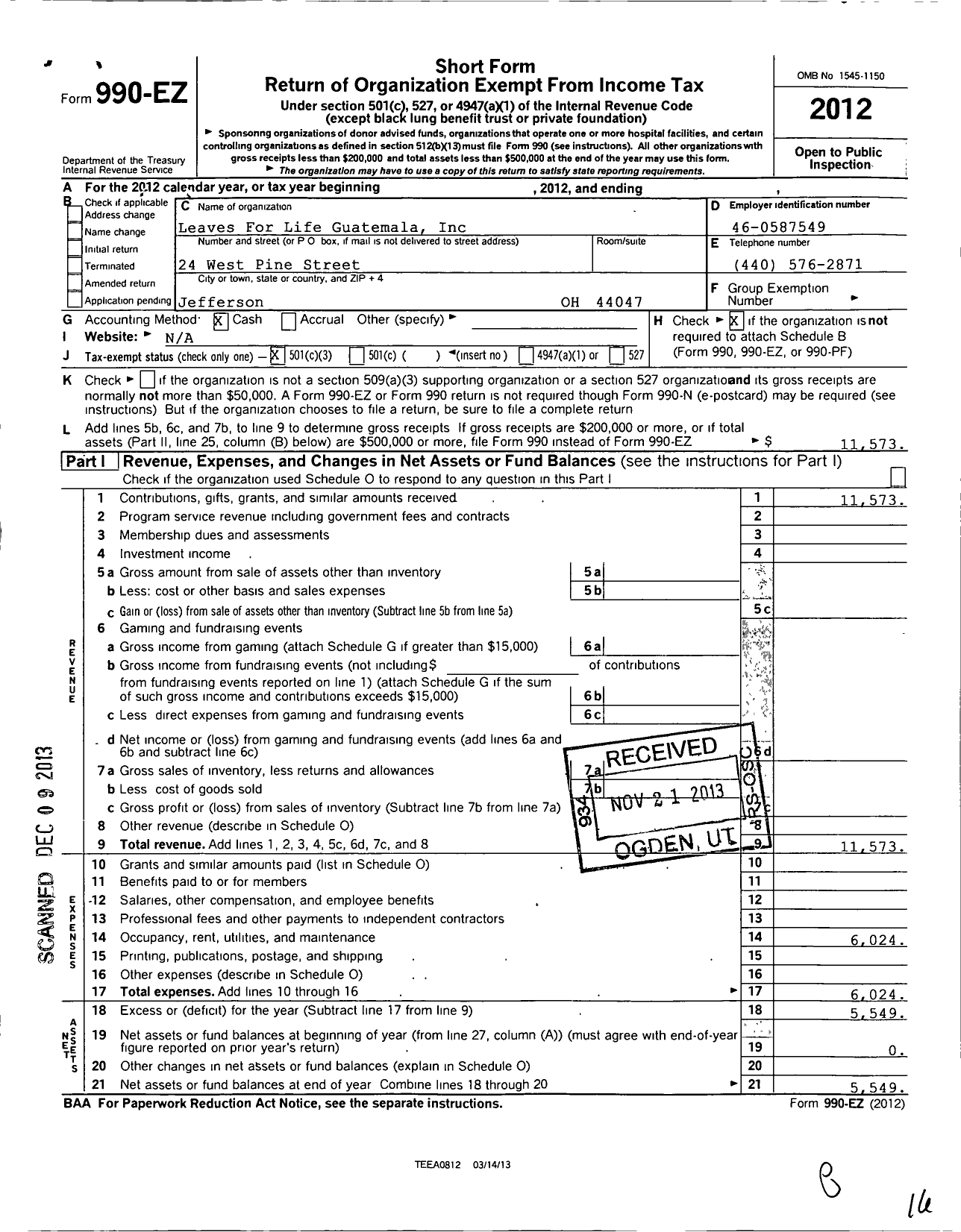 Image of first page of 2012 Form 990EZ for Leaves for Life Guatemala