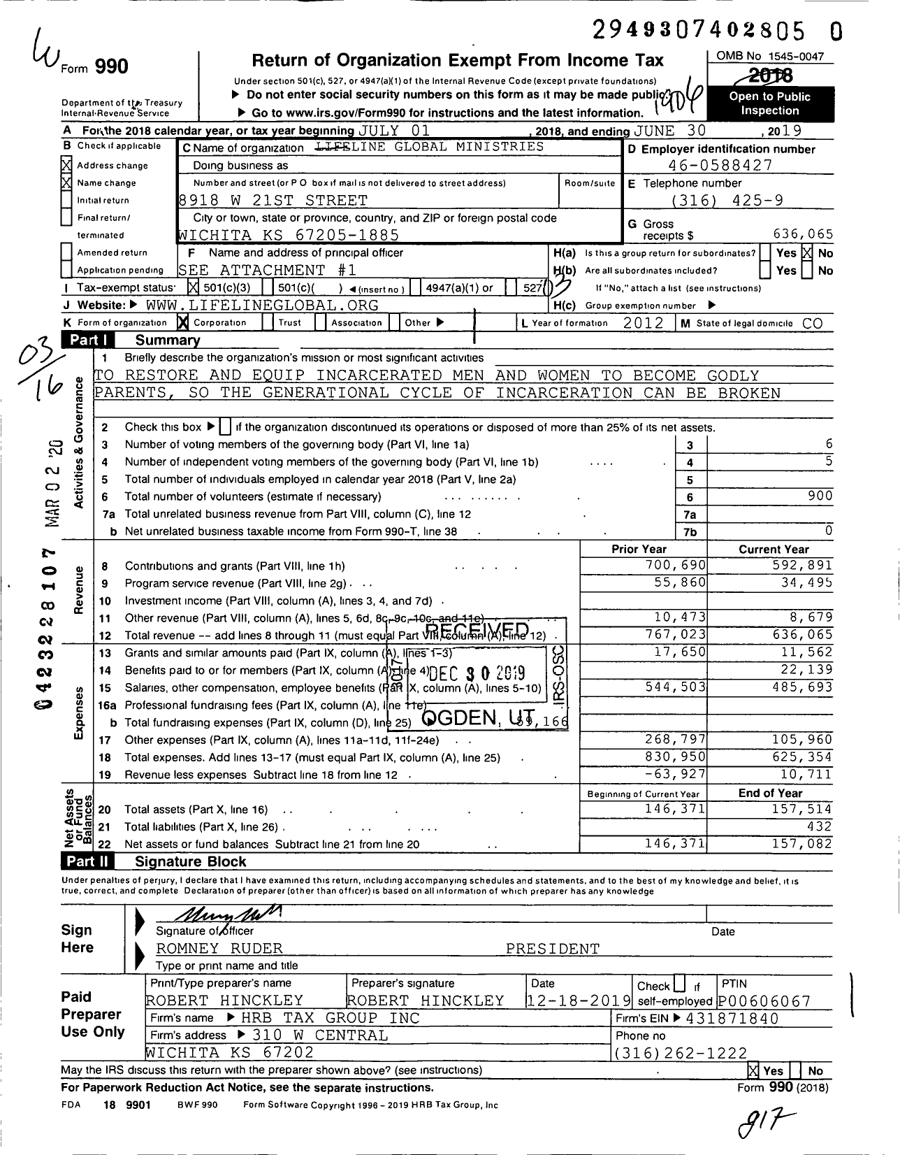 Image of first page of 2018 Form 990 for Lifeline Global Ministries