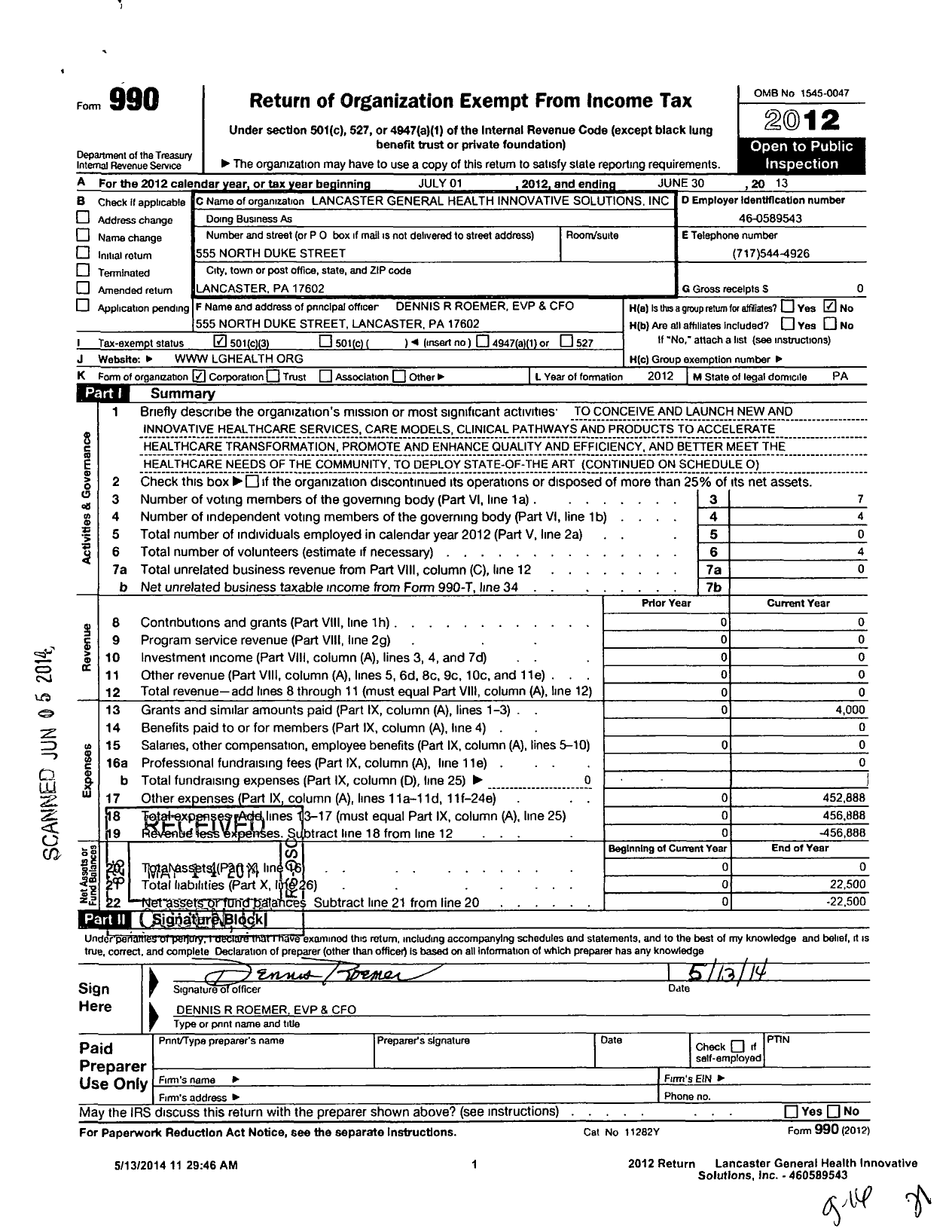 Image of first page of 2012 Form 990 for Lancaster General Health Innovative Solutions