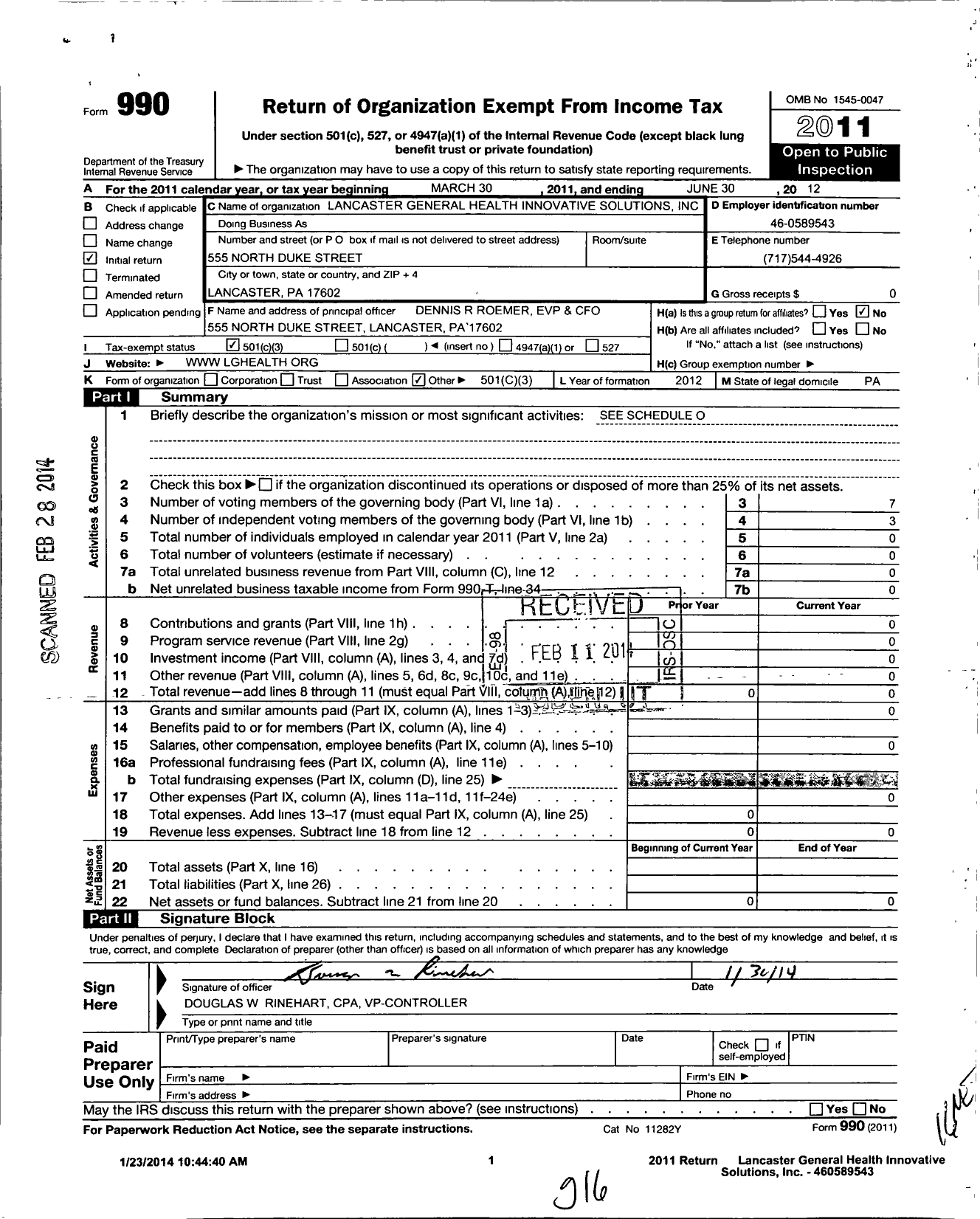 Image of first page of 2011 Form 990 for Lancaster General Health Innovative Solutions