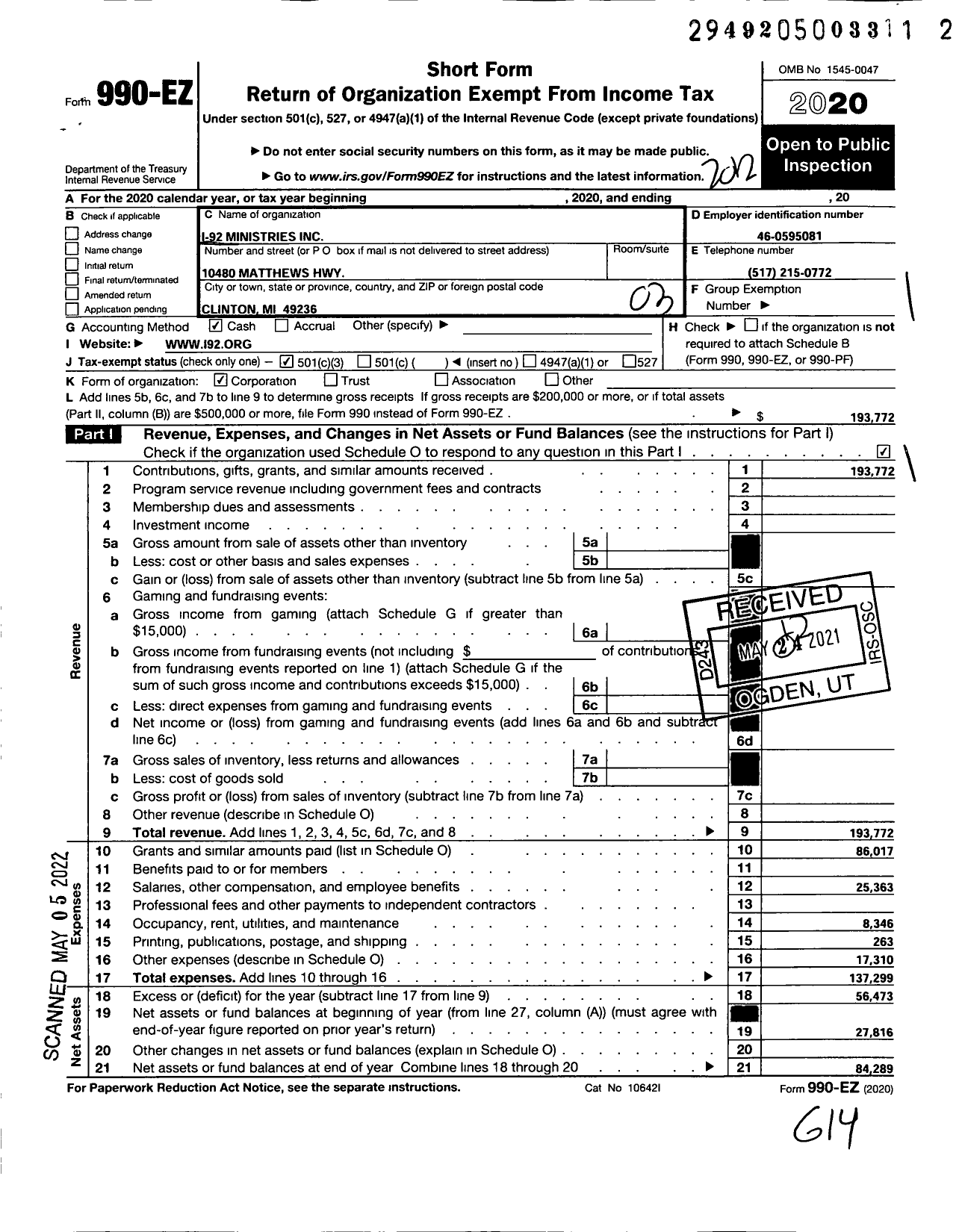 Image of first page of 2020 Form 990EZ for I-92 Ministries