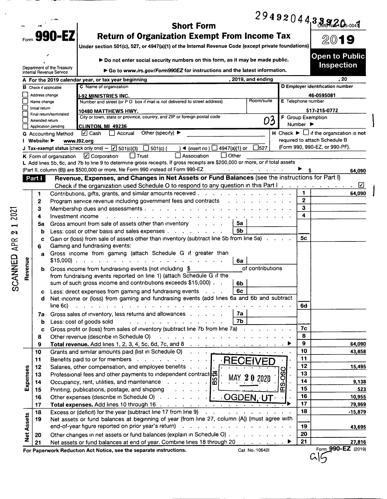 Image of first page of 2019 Form 990EZ for I-92 Ministries