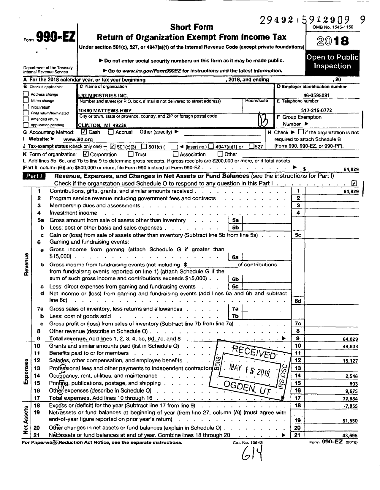Image of first page of 2018 Form 990EZ for I-92 Ministries