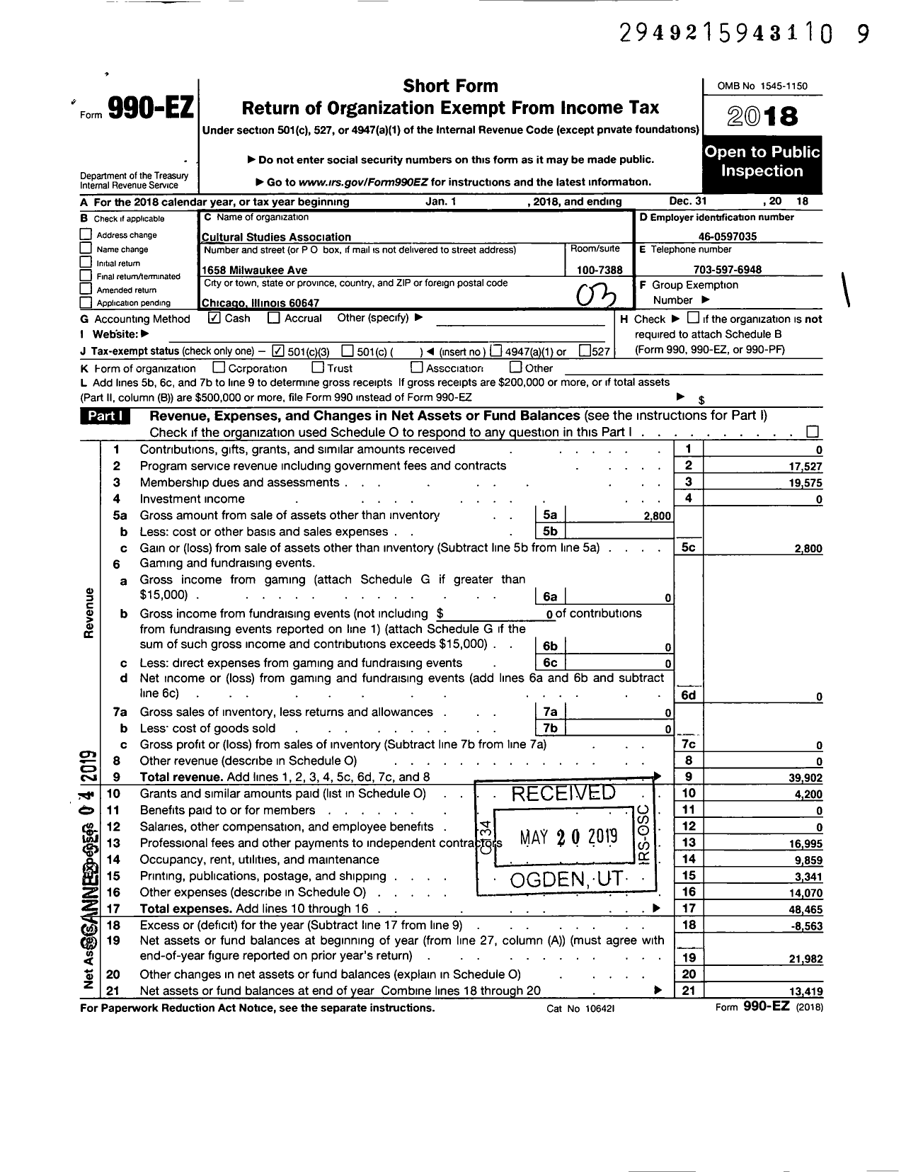 Image of first page of 2018 Form 990EZ for Cultural Studies Association