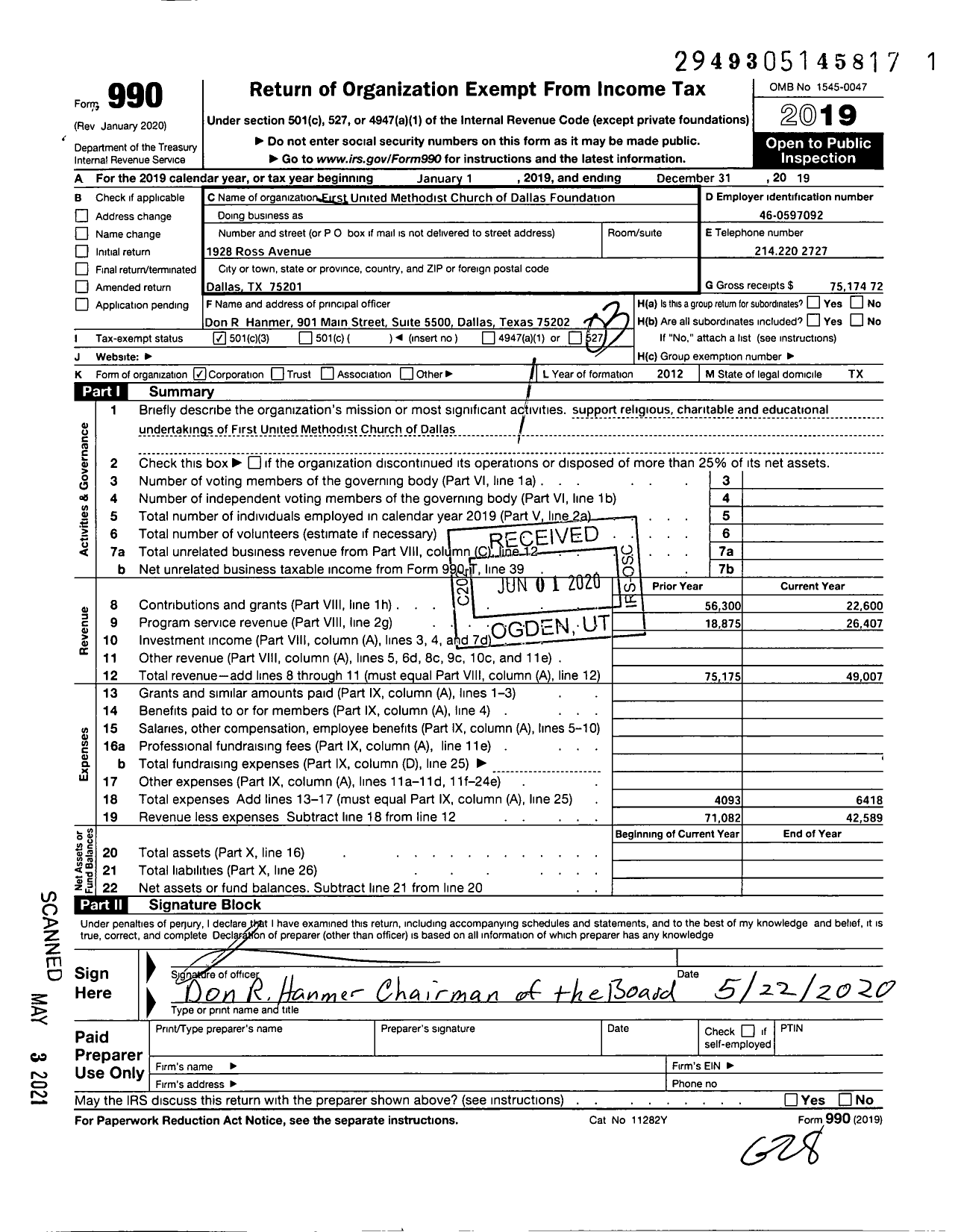 Image of first page of 2019 Form 990 for First United Methodist Church of Dallas Foundation