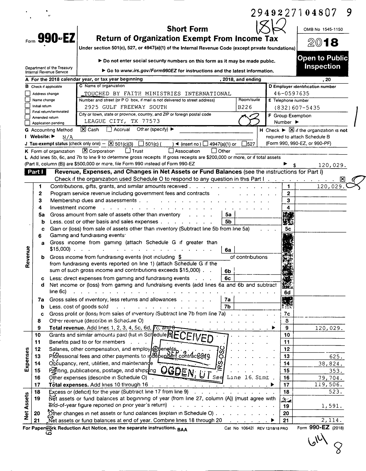 Image of first page of 2018 Form 990EZ for Touched By Faith Ministries International