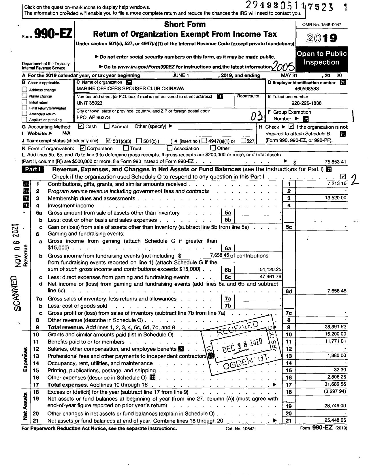 Image of first page of 2019 Form 990EZ for Marine Officers Spouses Club Okinawa