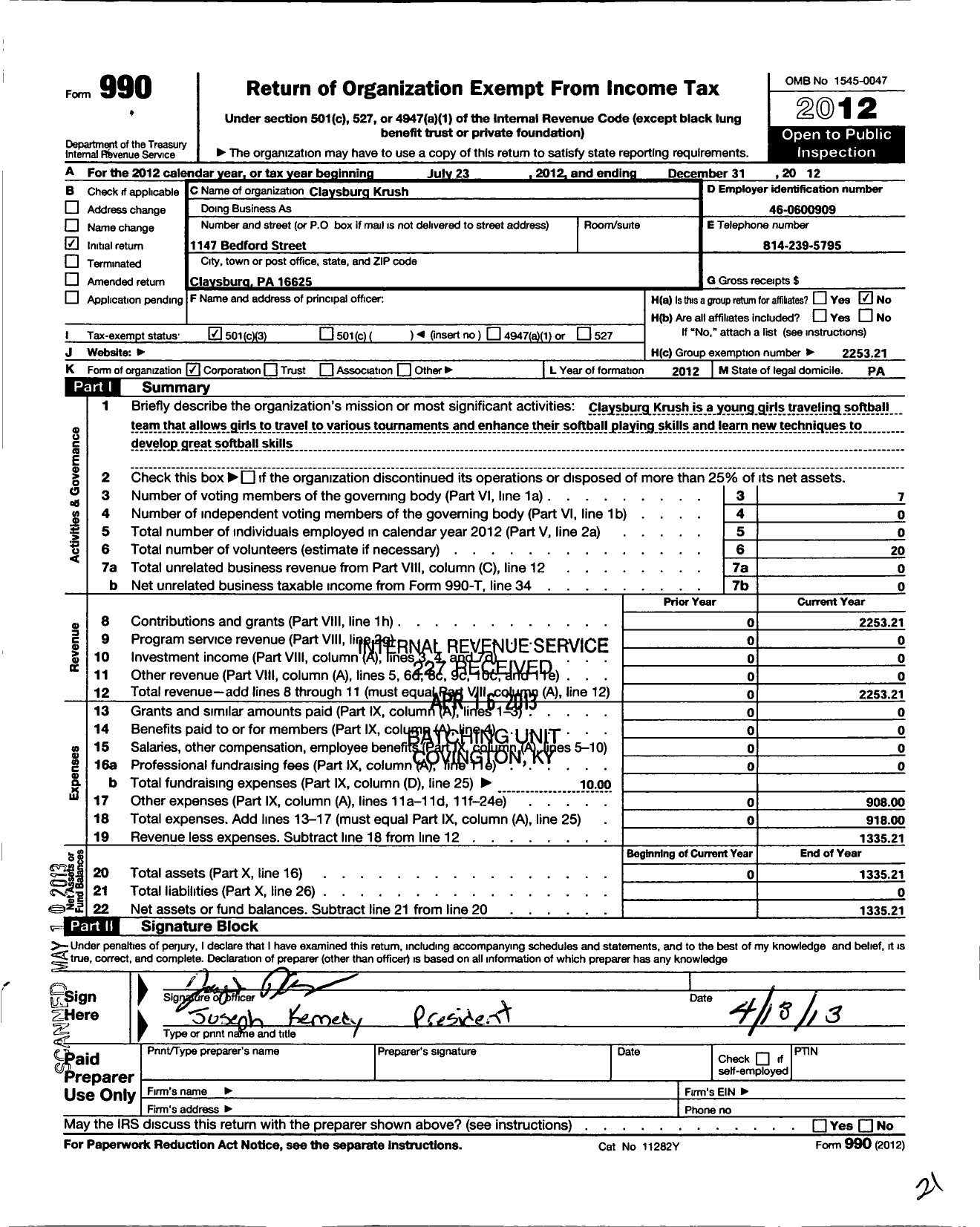 Image of first page of 2012 Form 990 for Claysburg Krush