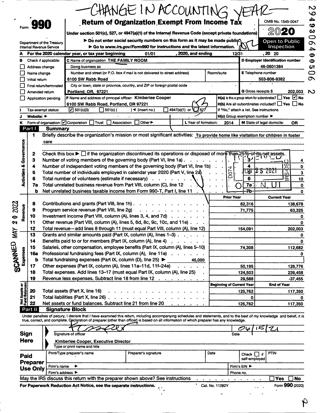 Image of first page of 2020 Form 990 for The Family Room