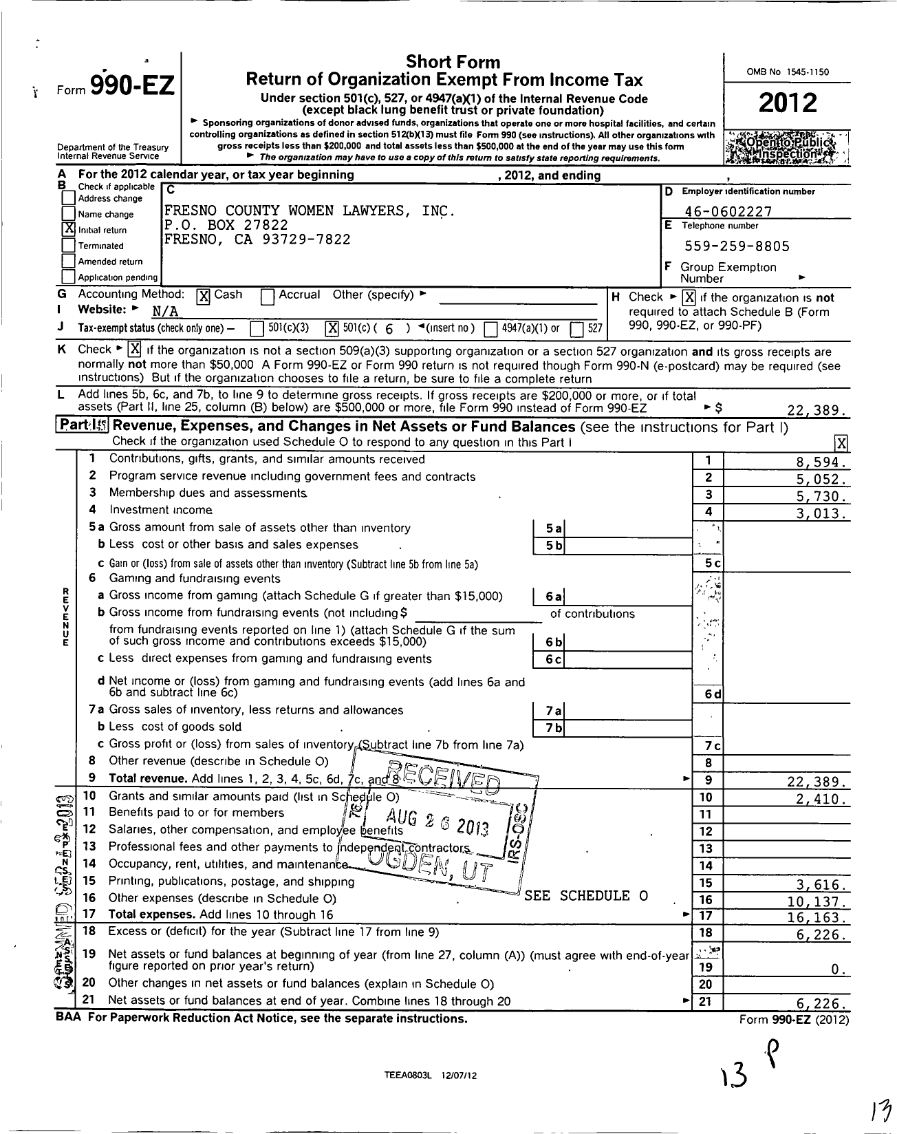 Image of first page of 2012 Form 990EO for Fresno County Womens Lawyers