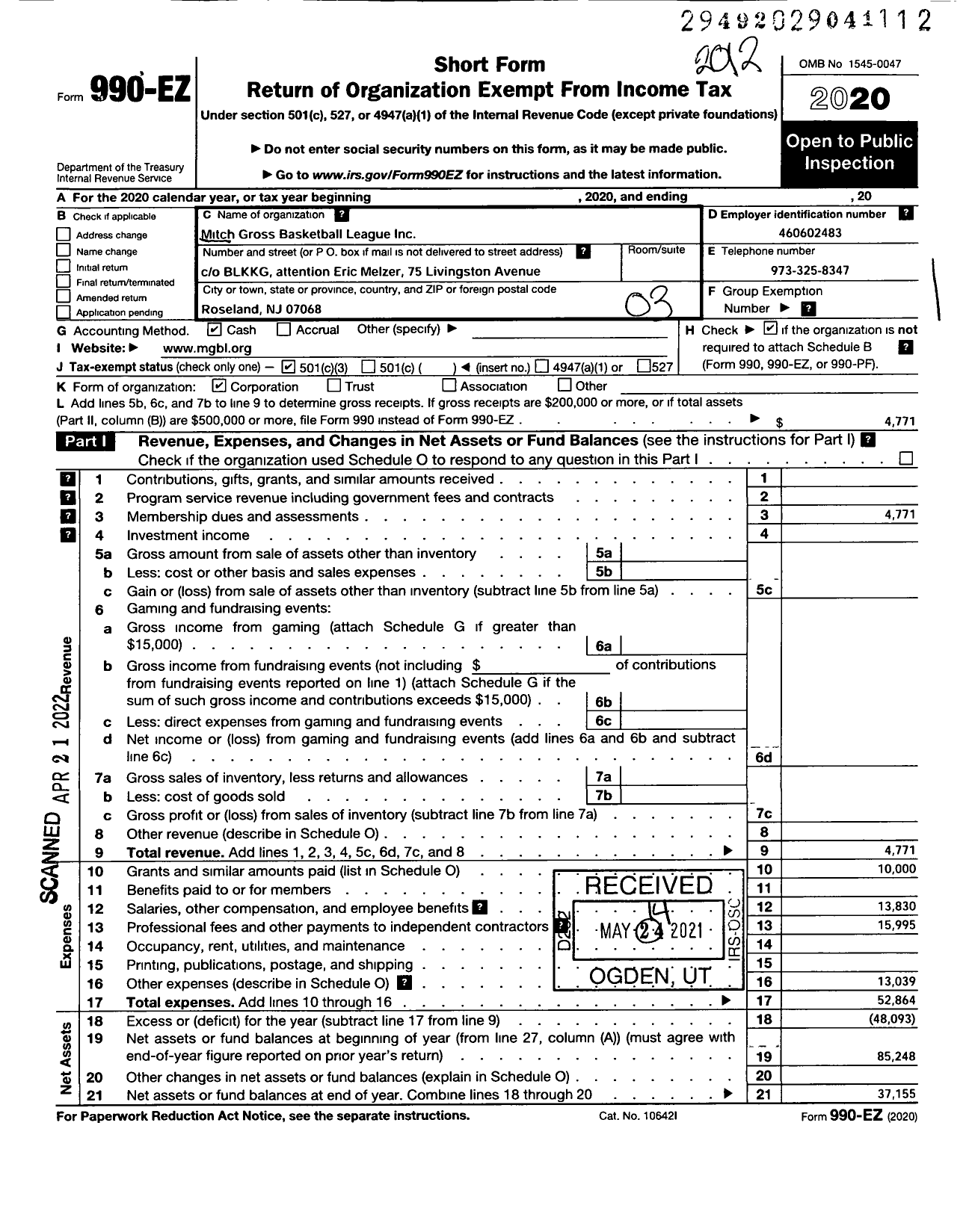 Image of first page of 2020 Form 990EZ for Mitch Gross Basketball League