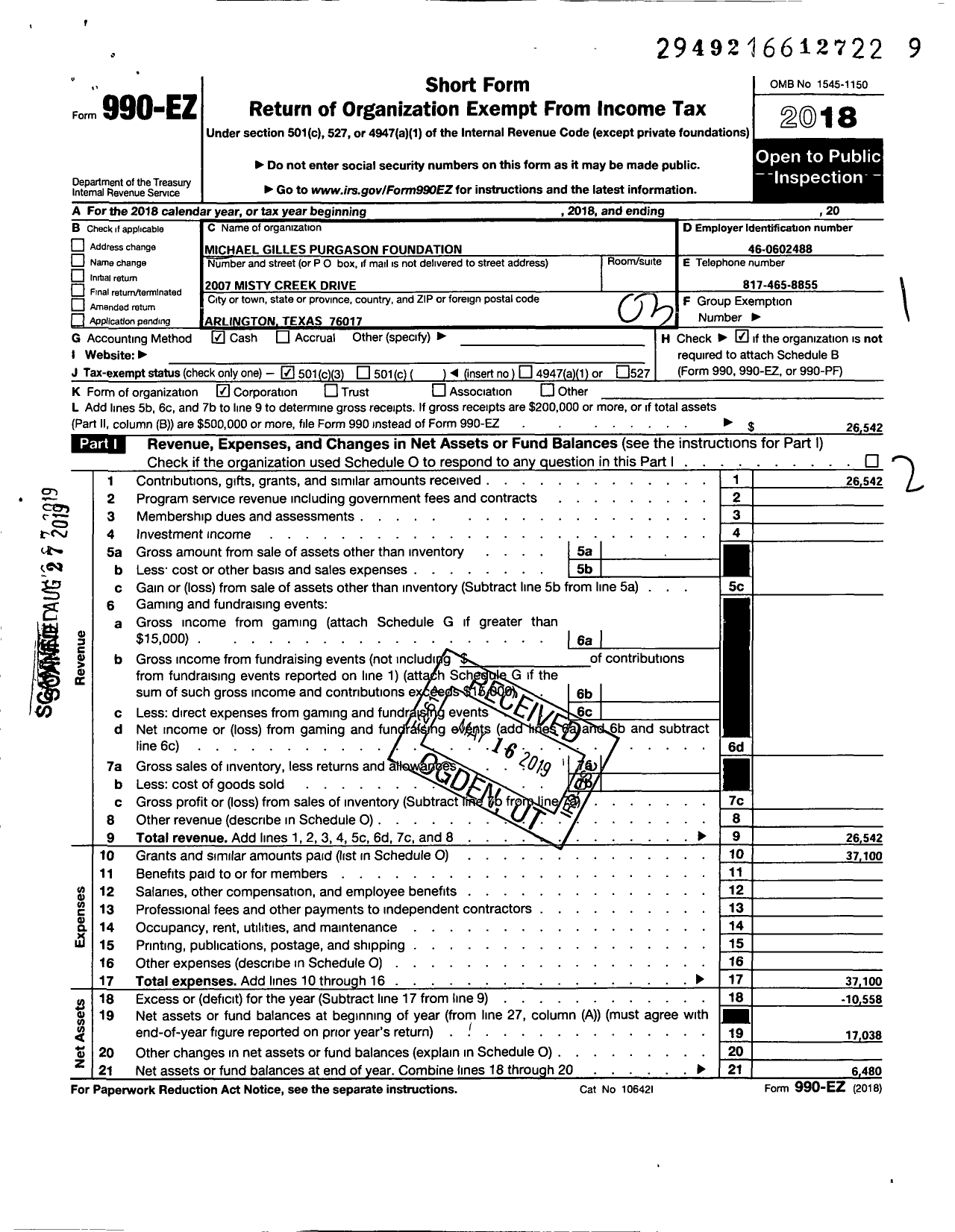 Image of first page of 2018 Form 990EZ for Michael Gilles Purgason Foundation