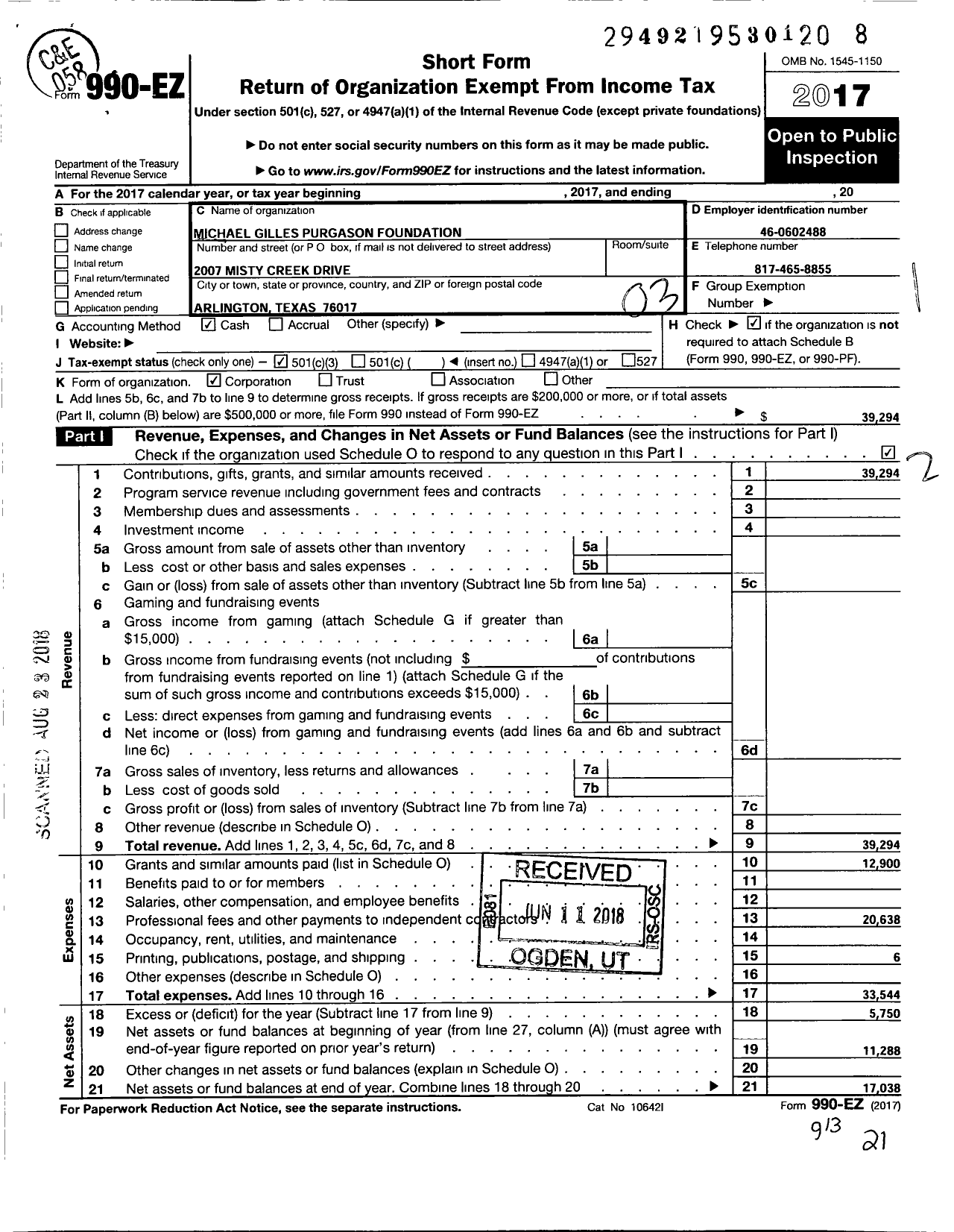 Image of first page of 2017 Form 990EZ for Michael Gilles Purgason Foundation