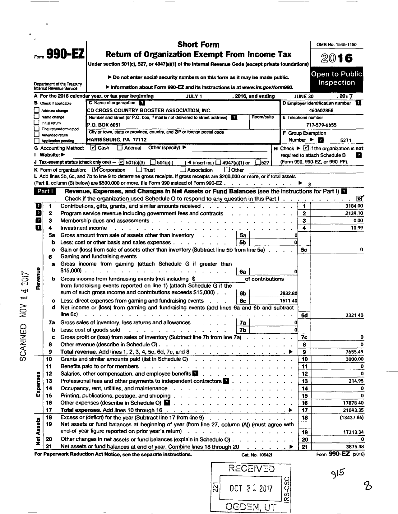 Image of first page of 2016 Form 990EZ for Parent Booster USA / CD Cross Country Booster Assoc Inc